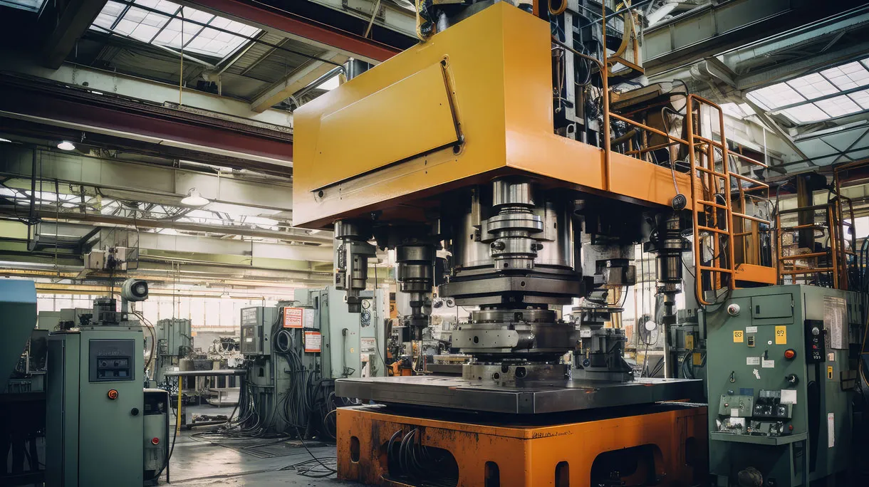 Große industrielle hydraulische Maschinen in einer Fabrikhalle mit Stahlträgern und Beleuchtung.