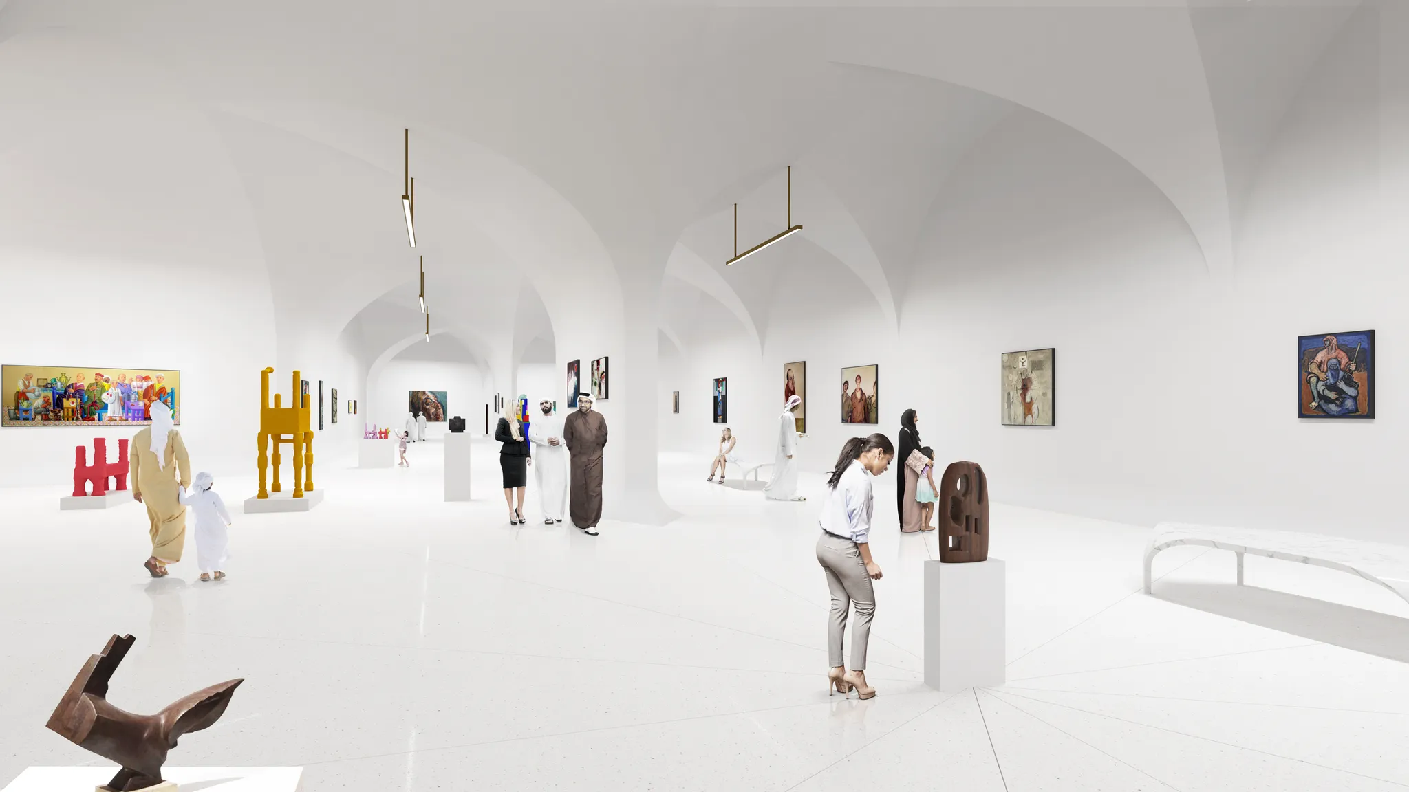 Render of a white gallery at Sharjah Modern with visitors among paintings and sculptures