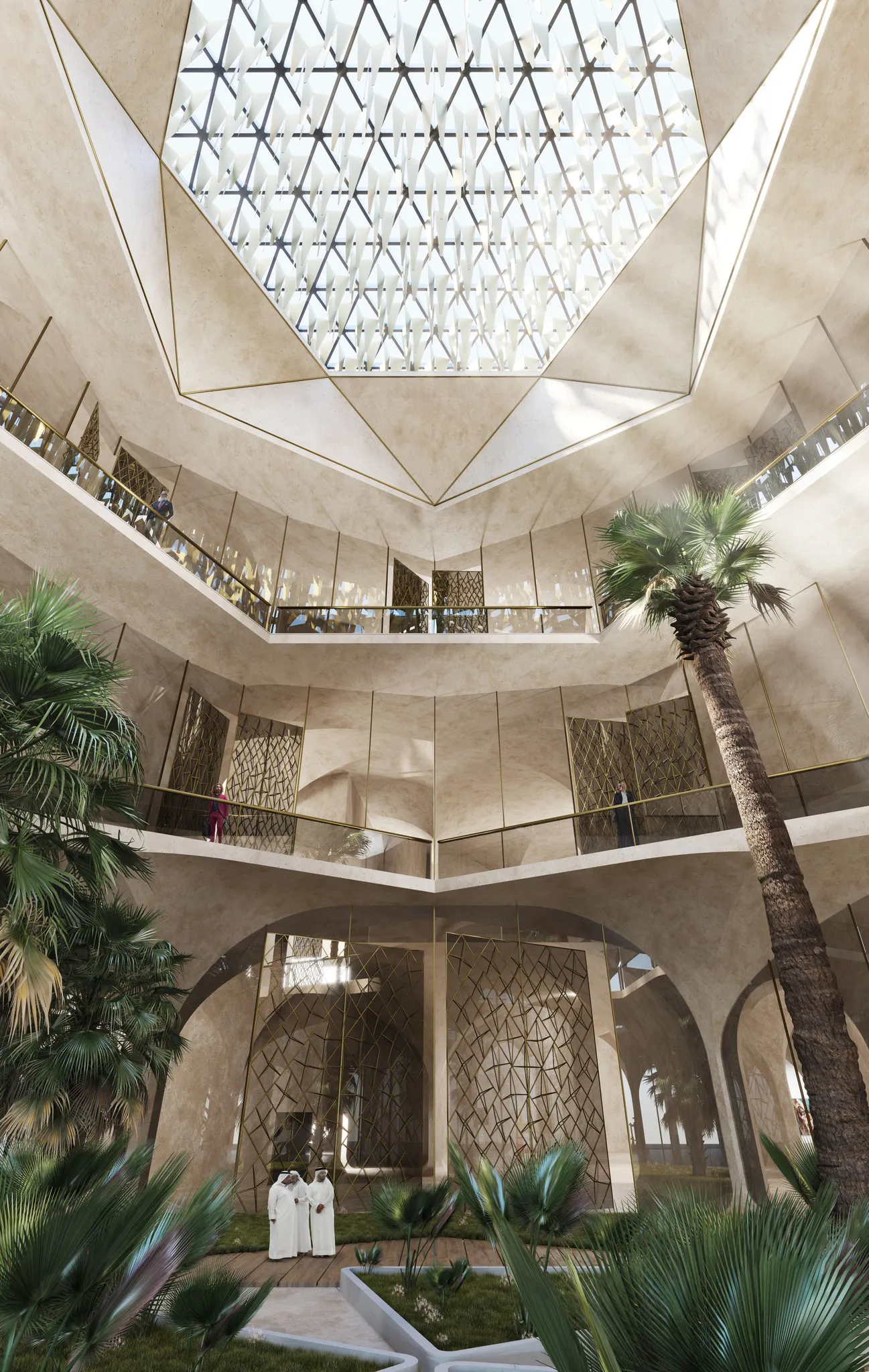 Render of the atrium at Sharjah Modern under a triangulated skylight