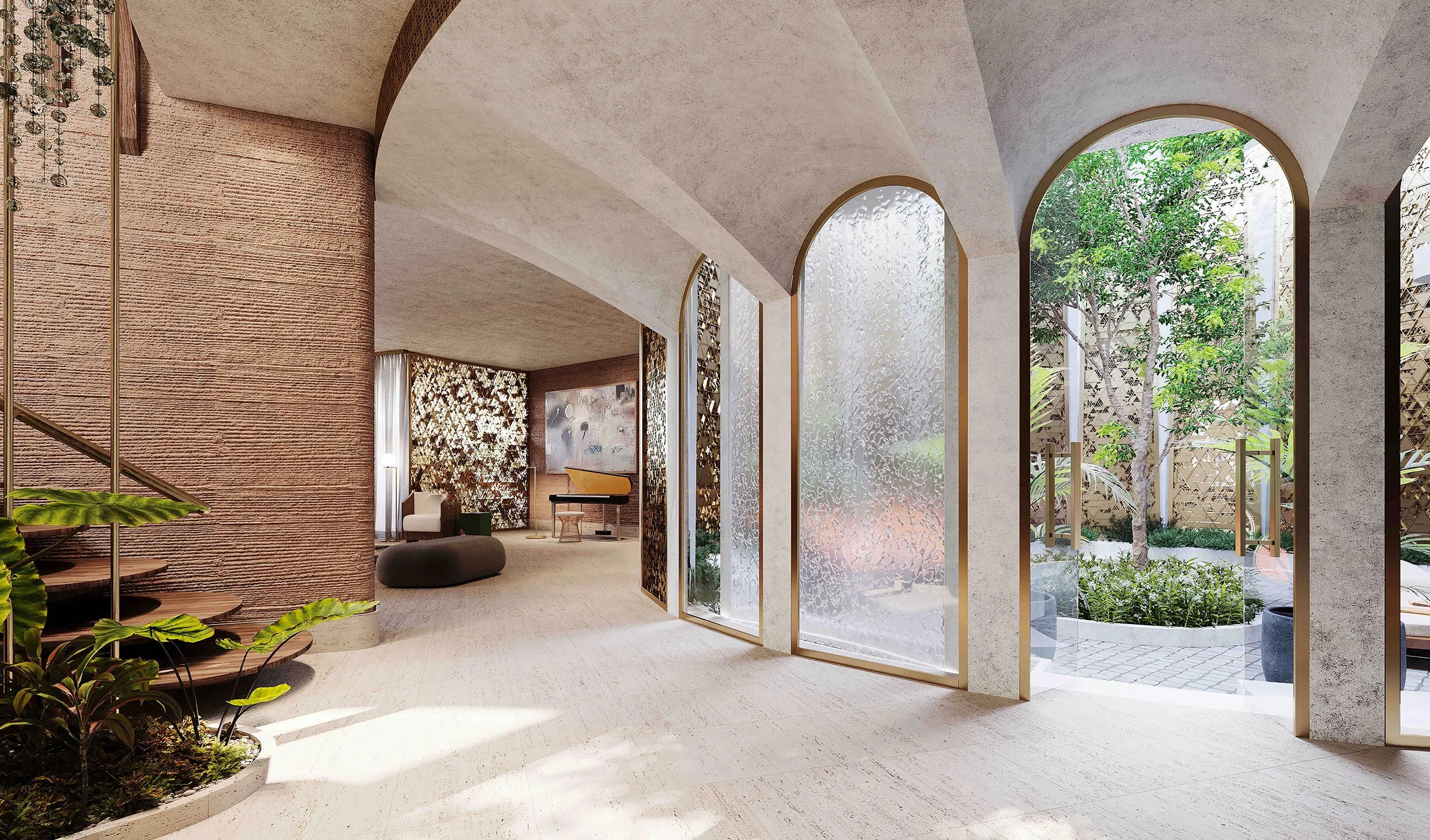 Render of the entrance hall at Cosmos House with arched glass openings to a planted courtyard