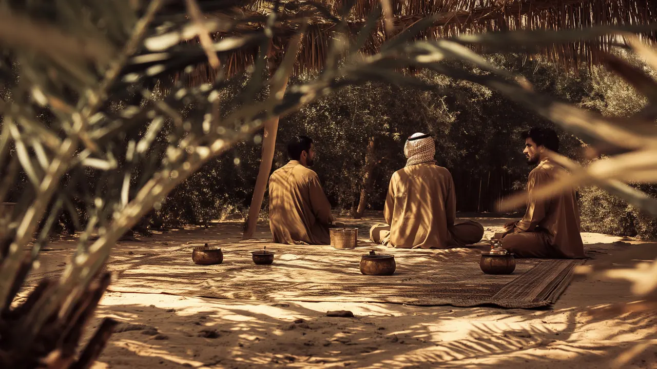 Animated sequence of five concept images for the A.R.M. Majlis Pavilion, from a gathering in the shade of palm fronds to a majlis on a planted roof above the water