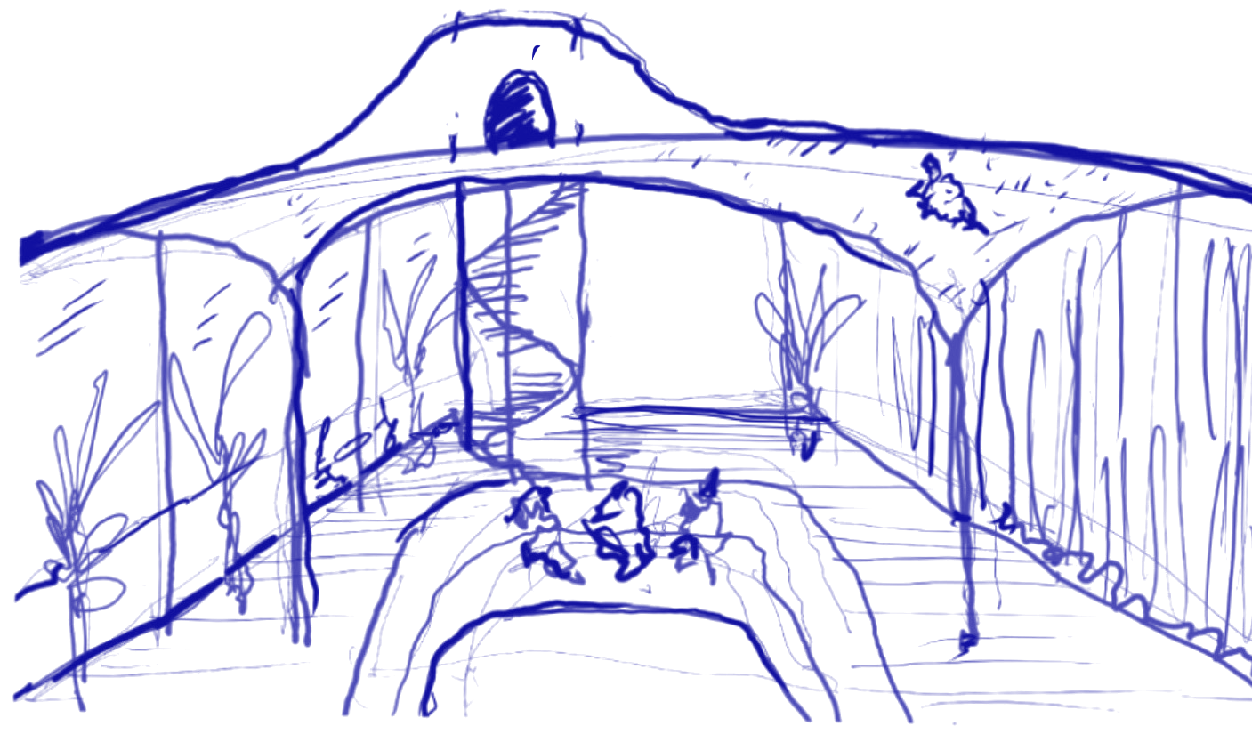 Hand sketch of the A.R.M. Majlis Pavilion interior in blue line: fabric arches, the spiral stair to the green roof and the sunken majlis at the centre