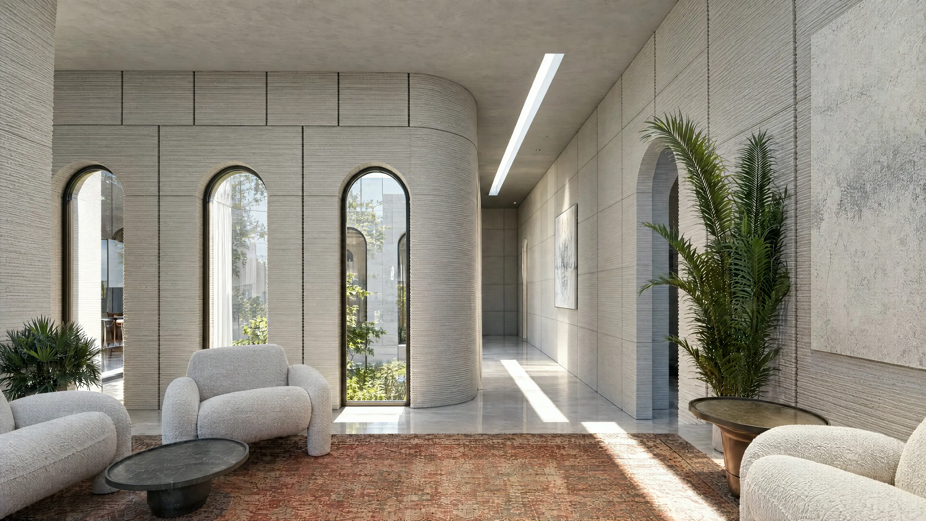 Render of a Meta-Modular living room with arched openings and textured white walls