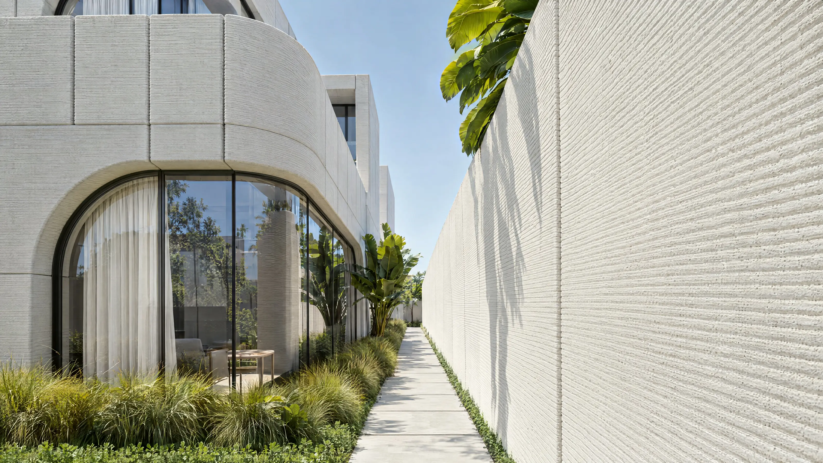Render of a Meta-Modular house side yard with a curved glass corner and ribbed boundary wall