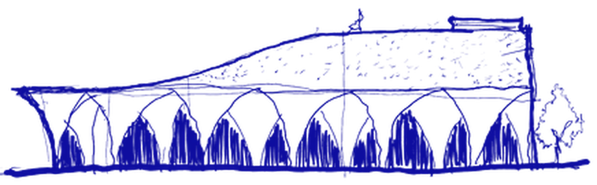 Hand sketch of the A.R.M. Majlis Pavilion elevation in blue line: a planted roof rising over a colonnade of fabric arches.