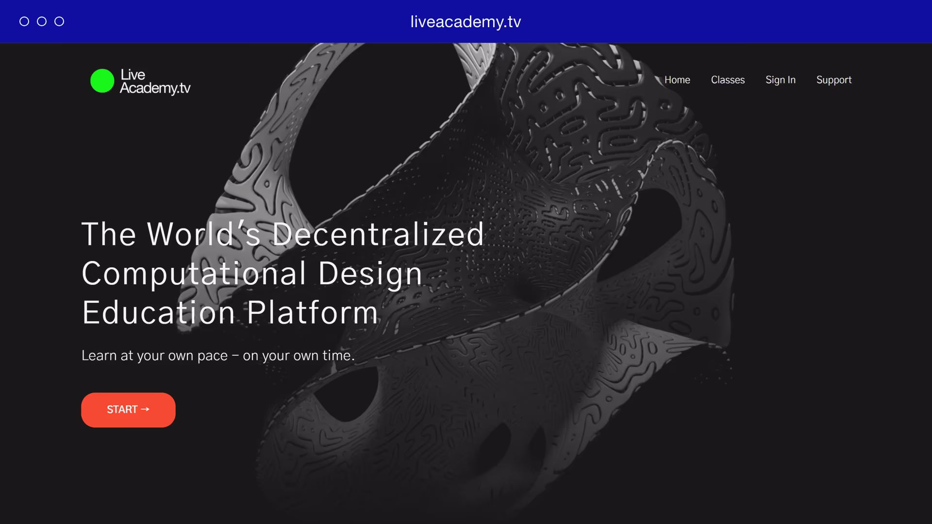 The Live Academy home page, a black 3D-printed form behind its headline