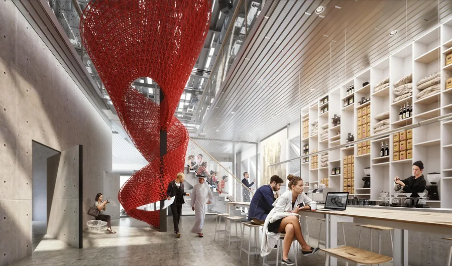 Render of the MEAL* campus: a red lattice stair hangs in a tall hall with shelves and people at work tables.