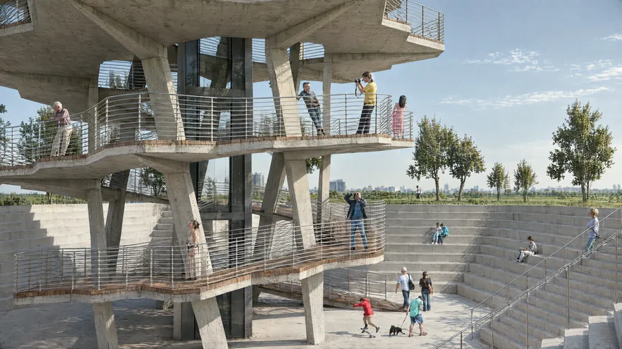 Render of Urbani Balkoni from its base: concrete balconies branch off the tower above steps where people sit.