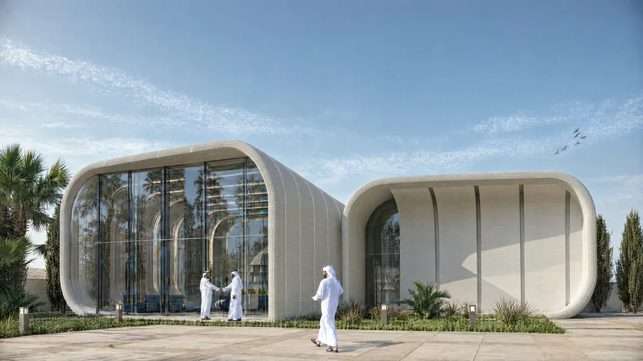 Render of the 3D Printed Majlis: two rounded pavilions with layered concrete walls and tall glazed fronts, set in a garden.