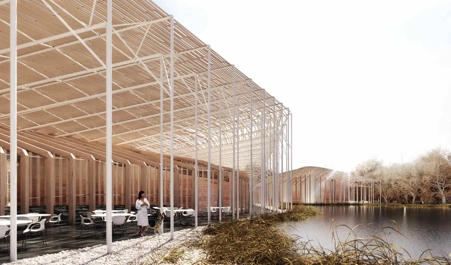 Render of the spa's terrace: tables at the water's edge under an open timber frame.