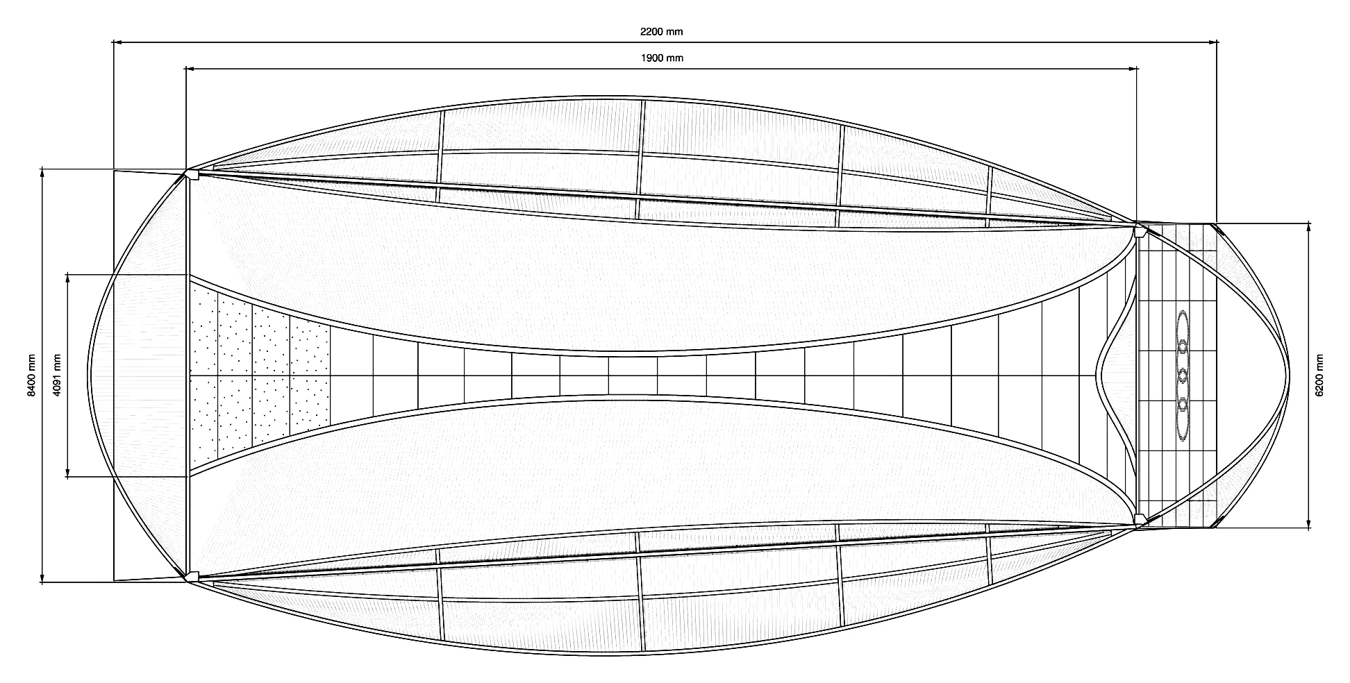 Dimensioned plan of the bent steel pipe and cable roof structure of the Audi Innovation Hub.