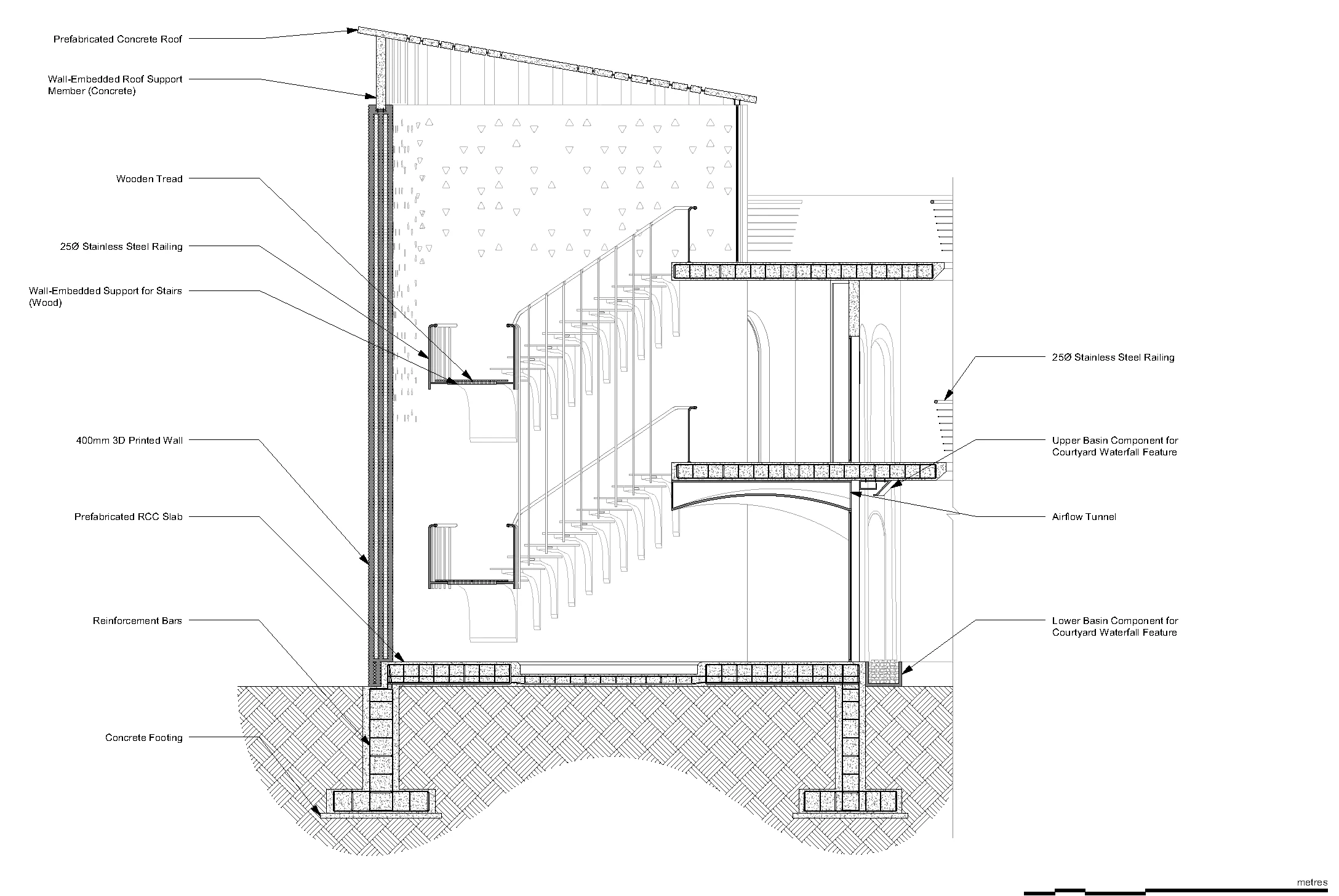 Construction detail section through the windcatcher staircase, with wall build-up, foundation and annotated layers.