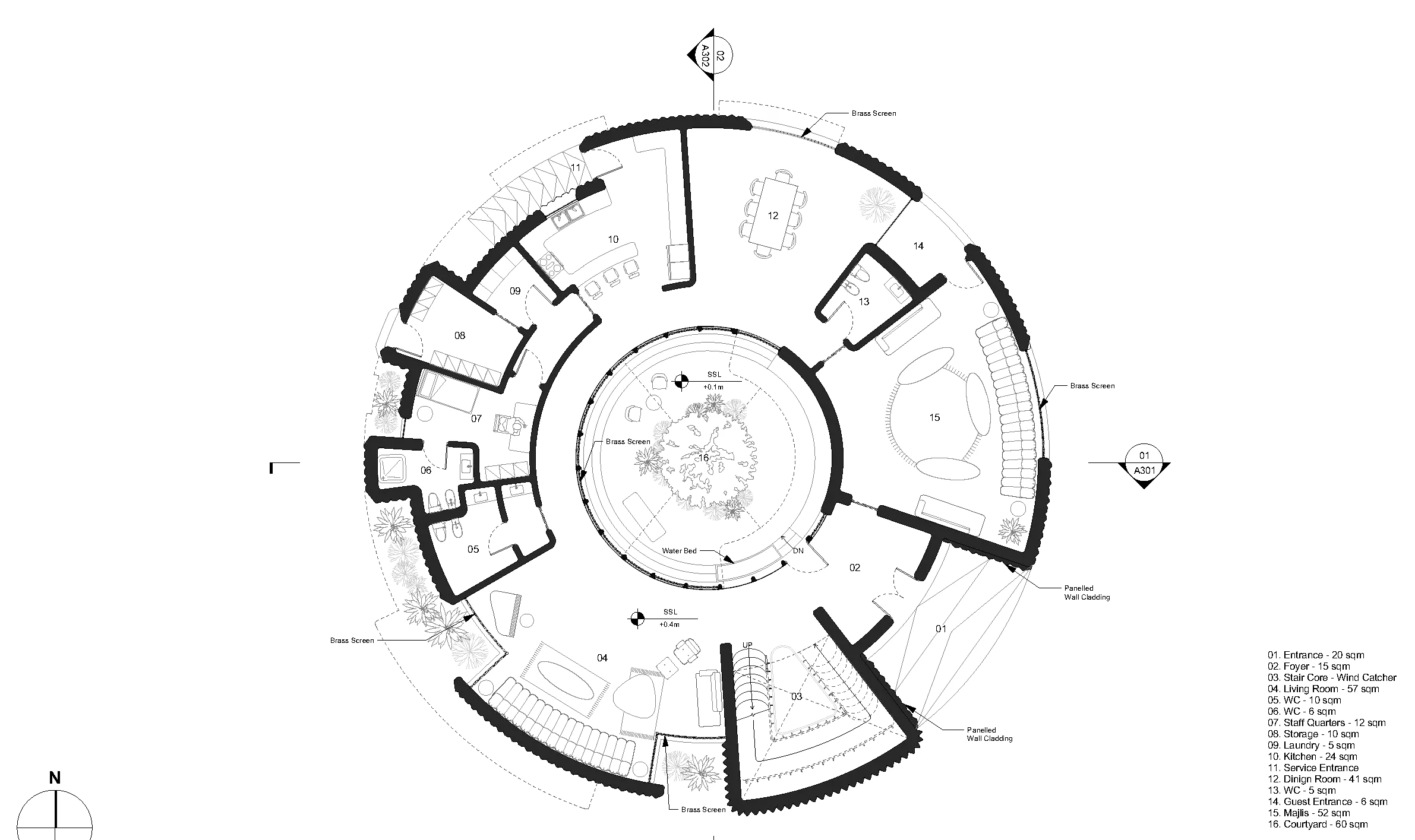 Ground floor plan of the circular earth-walled house, with room layout and 1:100 scale.