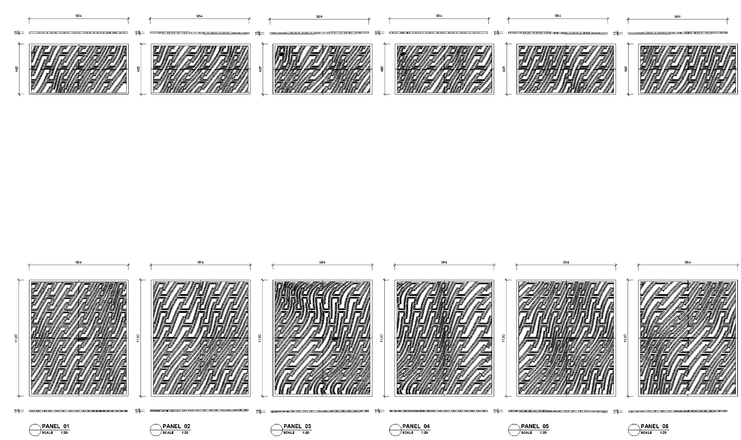 Elevations of the printed wall panels with their line patterns and dimensions.