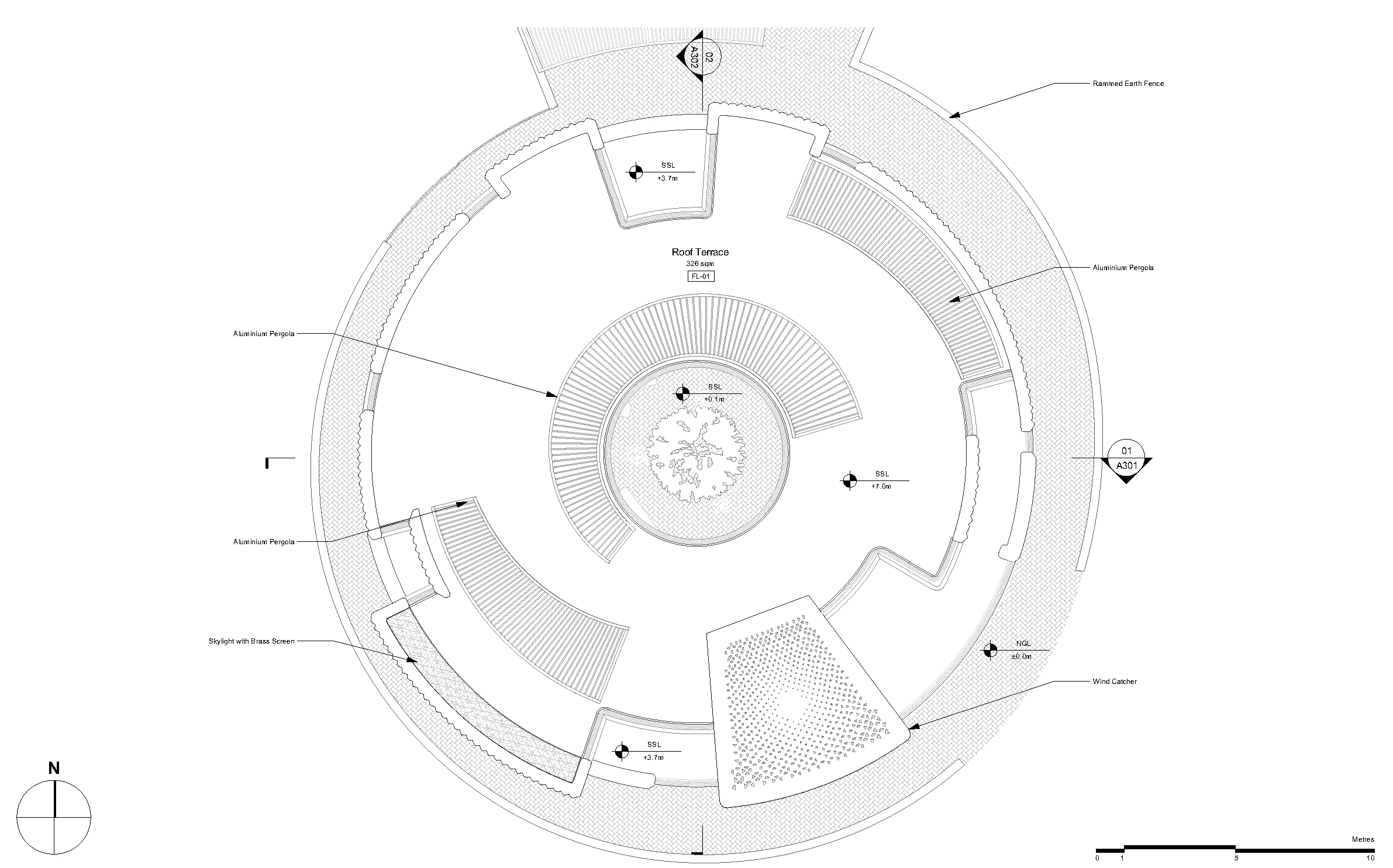 Roof plan of the circular house showing the central stair and the roof terraces.