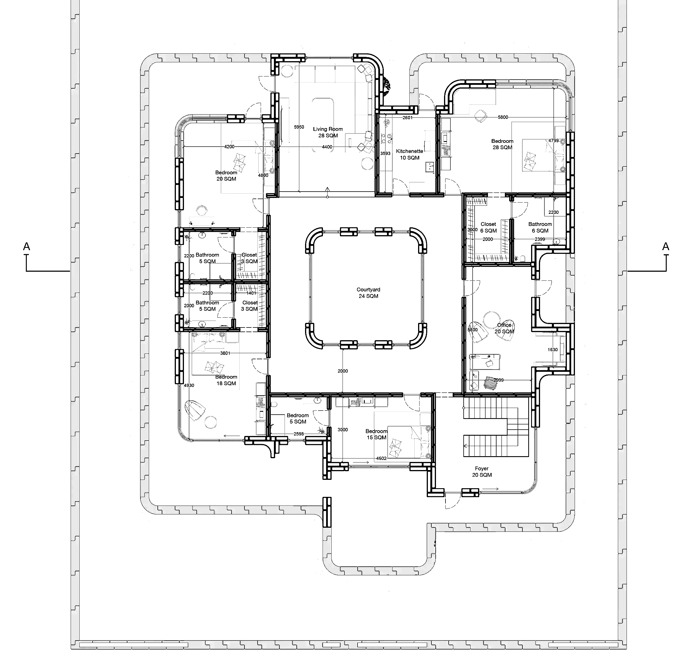 Ground floor plan of the Meta-Modular courtyard house with its modular grid.