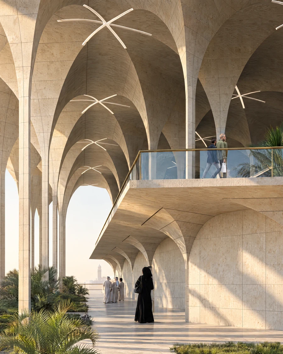 Visualisation of the shaded terrace at Sharjah Modern, a proposed museum in Sharjah: limestone vaults in late-afternoon light