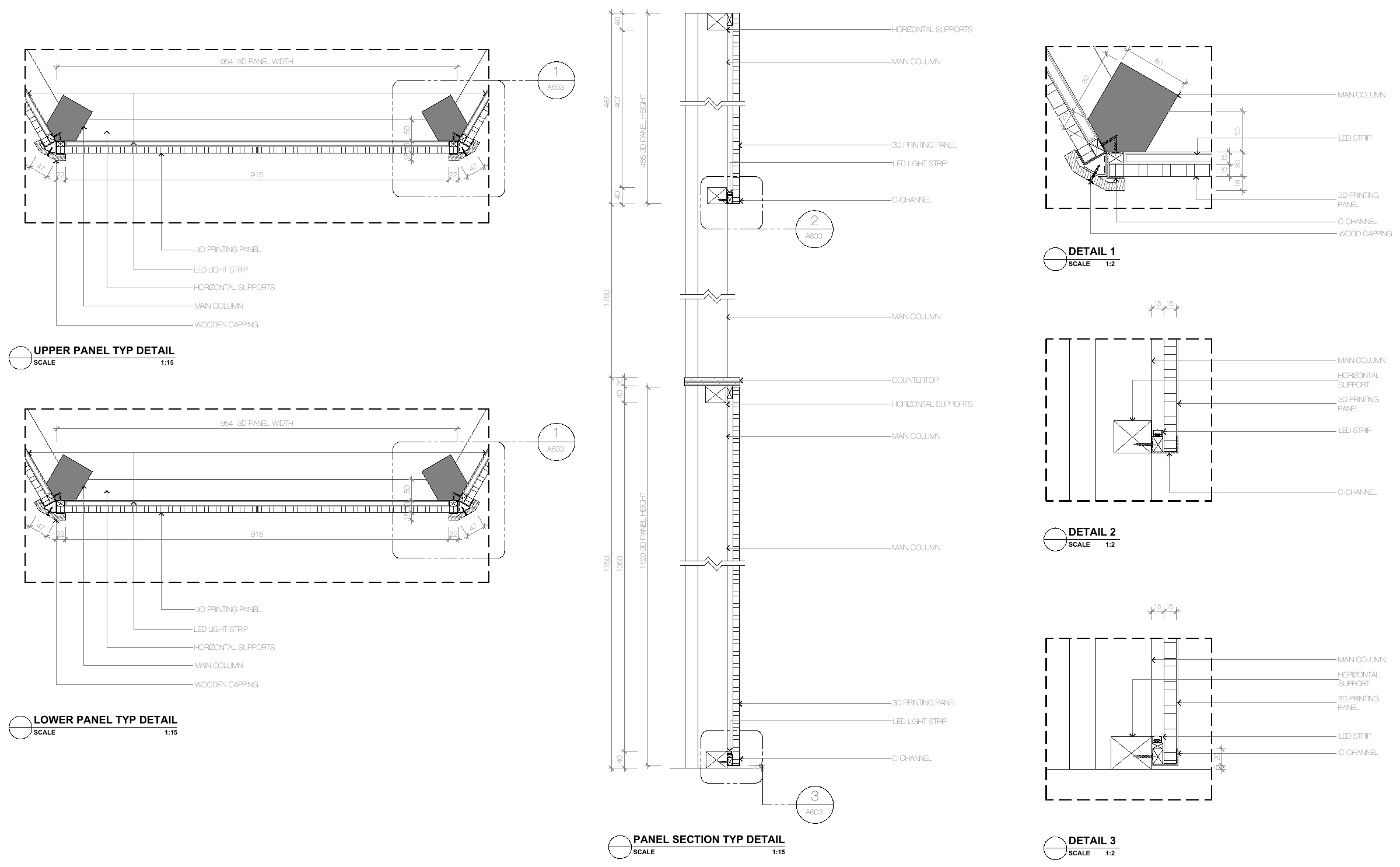 Panel fixing details: upper and lower panel plans, a vertical panel section and corner details with callouts.