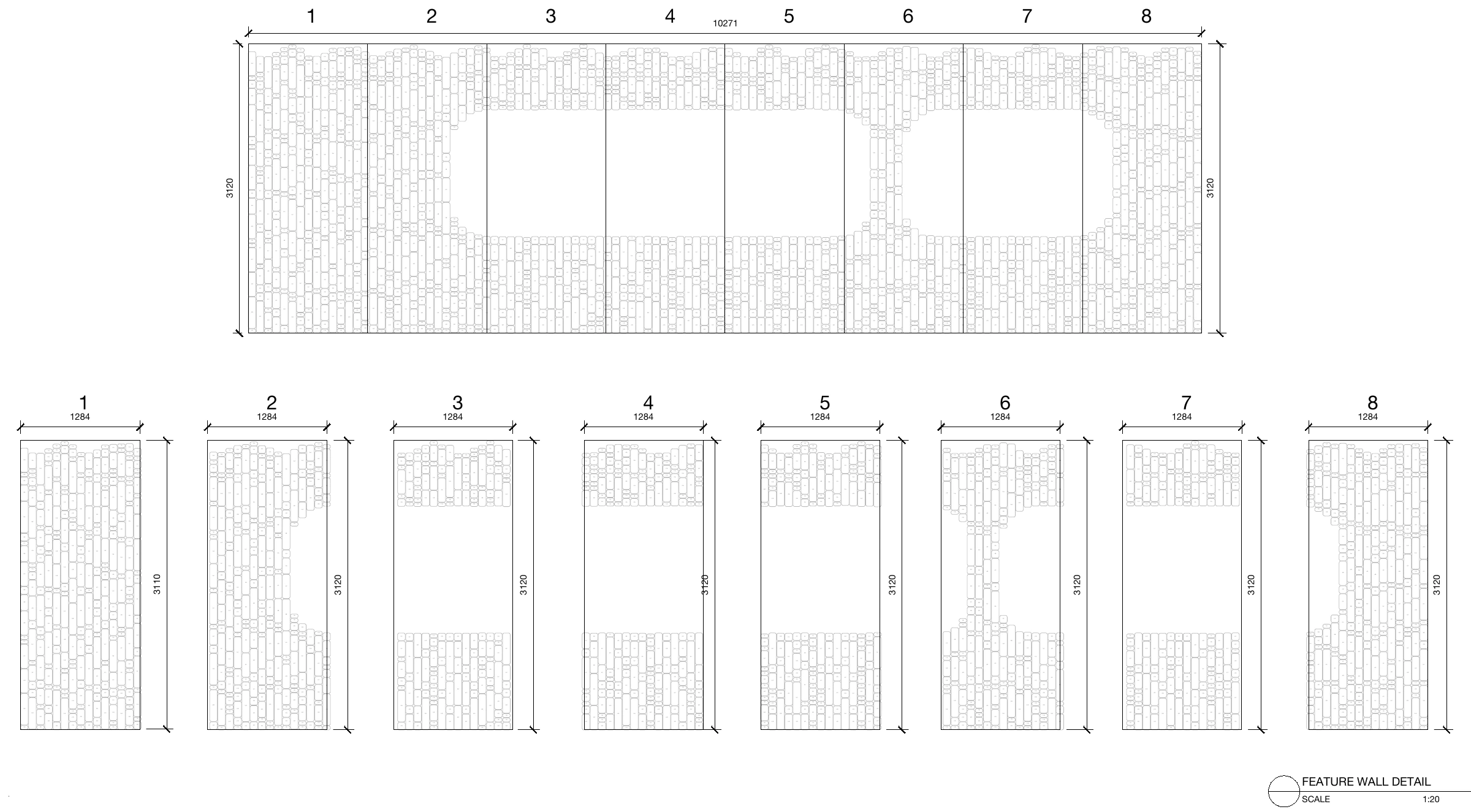 Detail sheet of the ceramic feature wall at Repeat Wellness Club at 1 to 20: the wall 10,271 mm long and 3,120 mm high, and below it its eight panels of 1,284 mm, each drawn piece by piece.