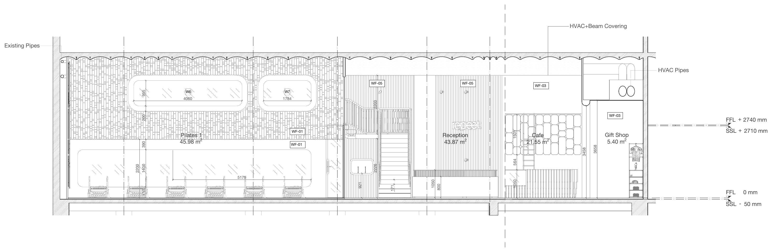 Long section of Repeat Wellness Club with the ceiling, the stair, the relief wall and the wall build-ups.