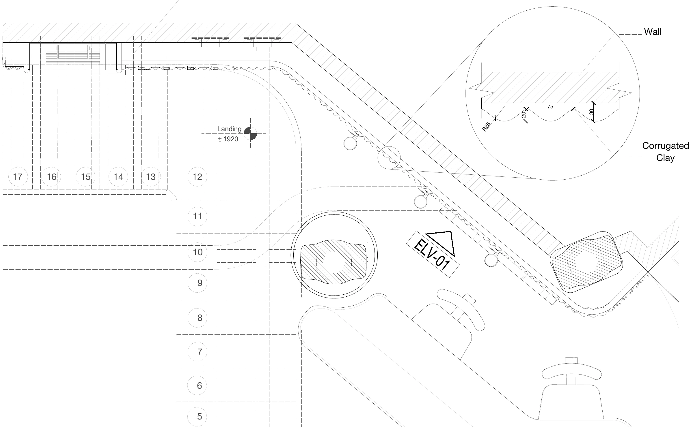 Plan of the corrugated clay wall at Repeat Wellness Club at 1 to 50, with an enlarged detail of the corrugation and its dimensions.