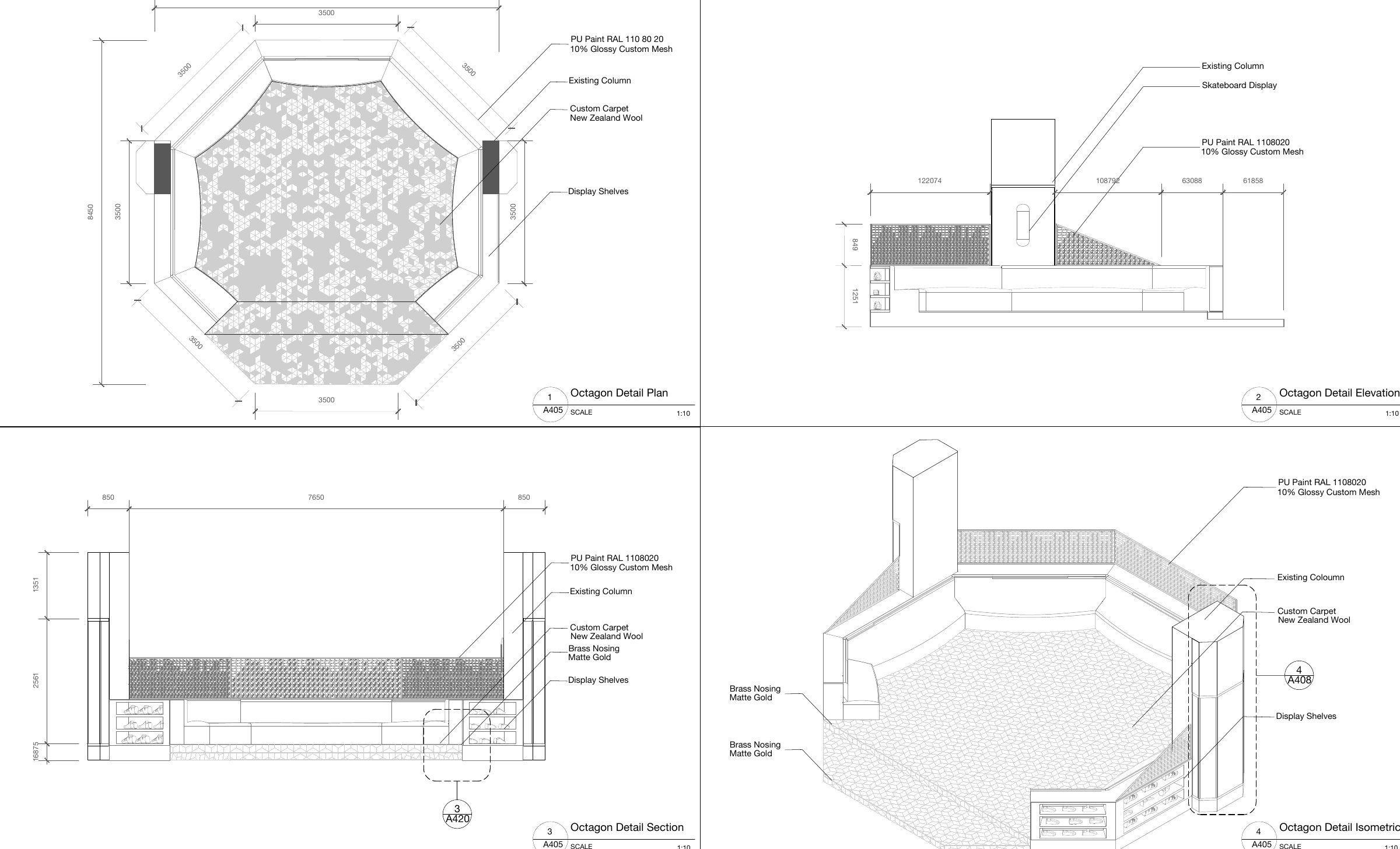 Detail sheet of the octagonal display and seating platform at Send Location at 1 to 10: plan, elevation, section and isometric, with the metal mesh, the carpet, brass nosing and shelves.