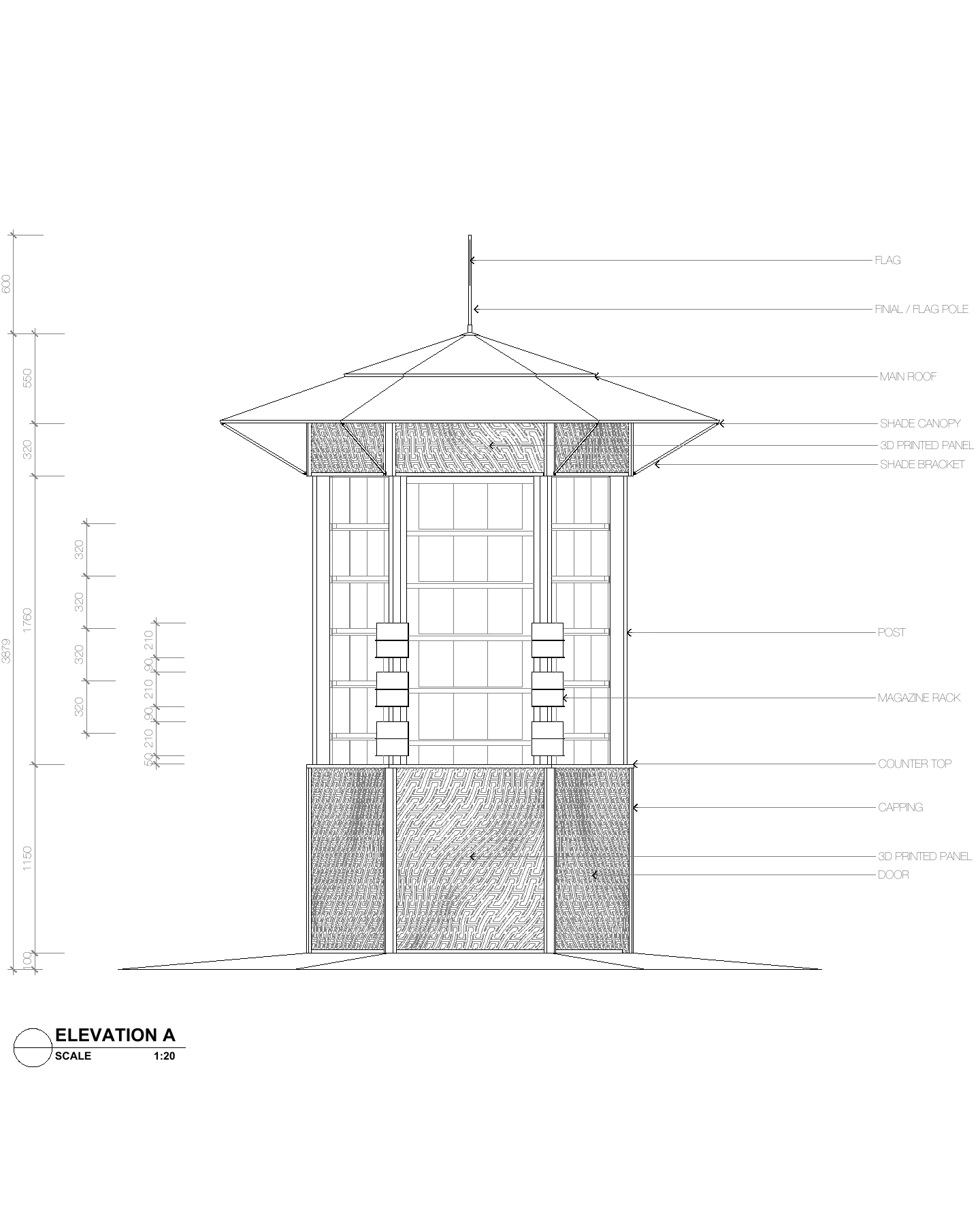 Elevation A of the Le Monde d’Hermès Kiosk at 1 to 20: roof, printed panels and posts, with its dimensions.