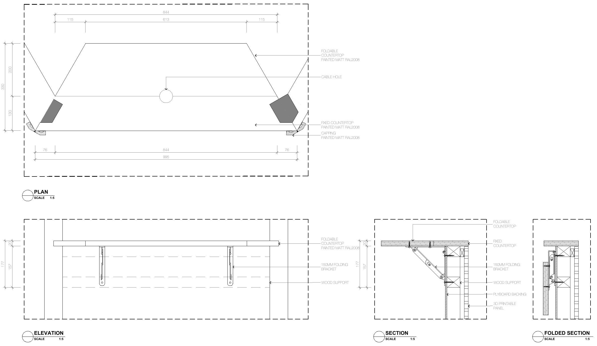 Detail sheet of the kiosk's DJ counter: a fixed countertop and a foldable one on folding brackets, in plan, elevation, section and folded section.