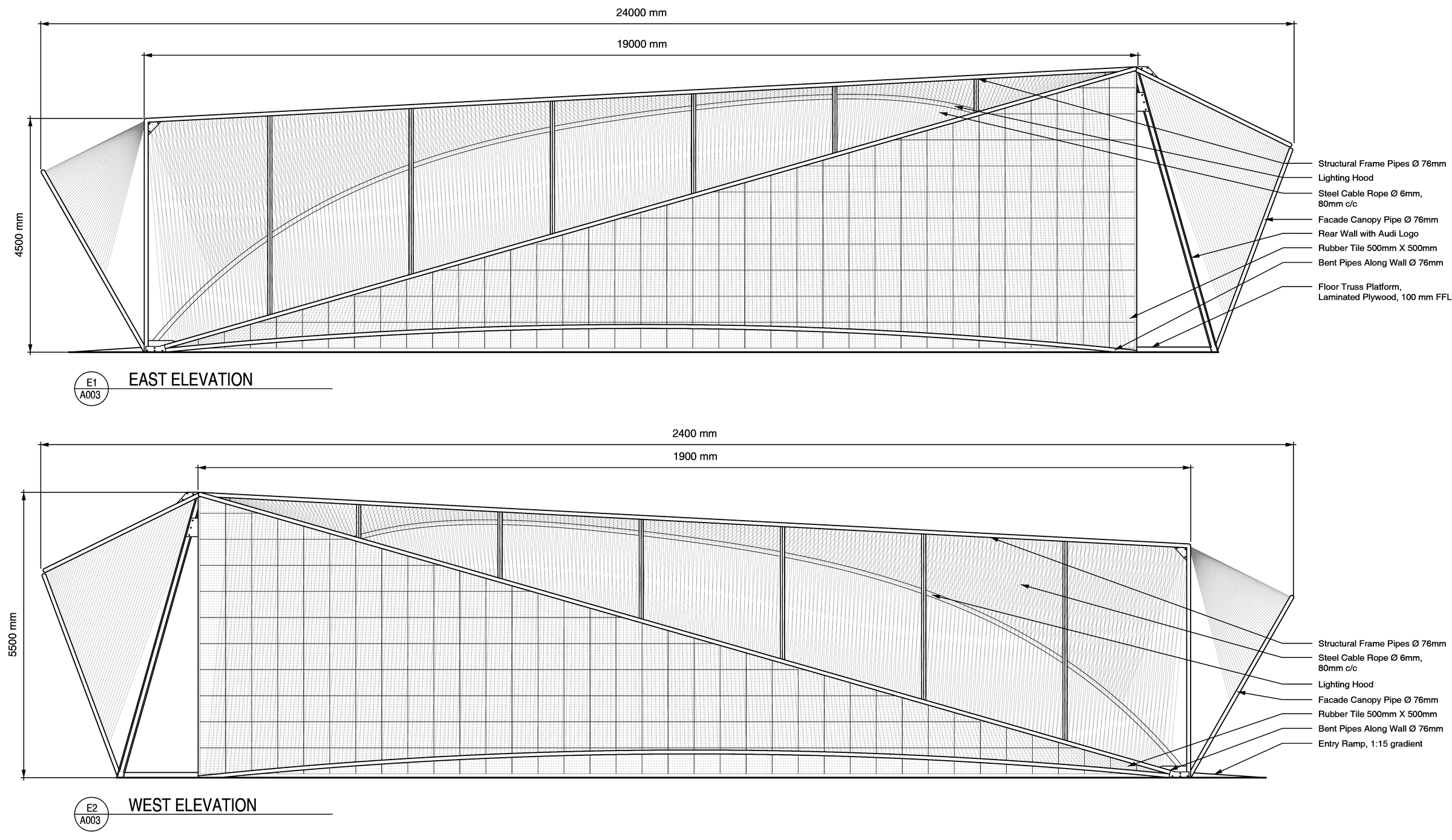 East and west elevations of the Audi Innovation Hub with the steel pipe arches, the cable mesh, overall dimensions and material notes.