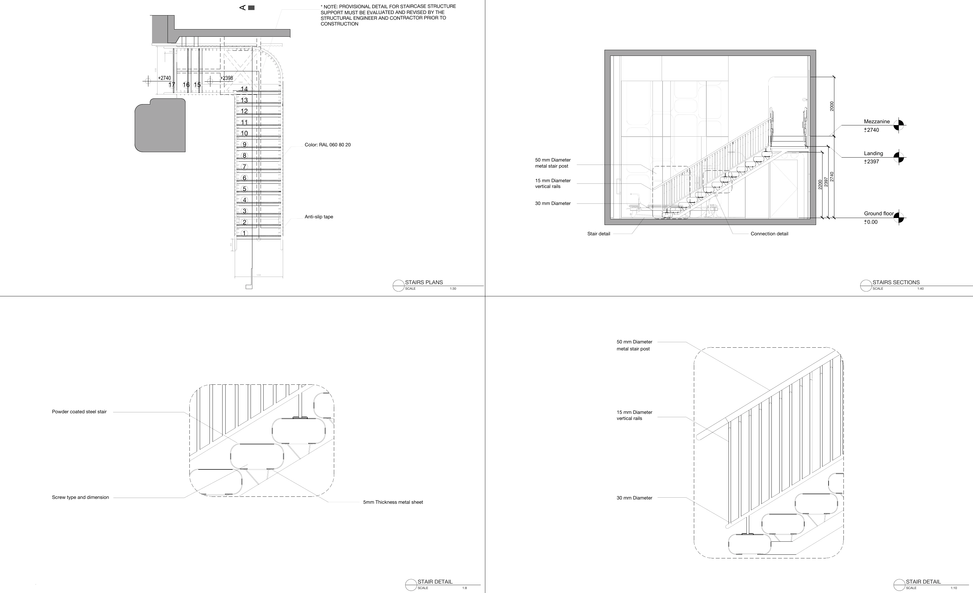 Stairs details sheet of Repeat Wellness Club: the stair plan at 1 to 30, a section at 1 to 40 with the levels of the landing and the mezzanine, and two details of the steel stair with its rounded treads, vertical rails and posts.