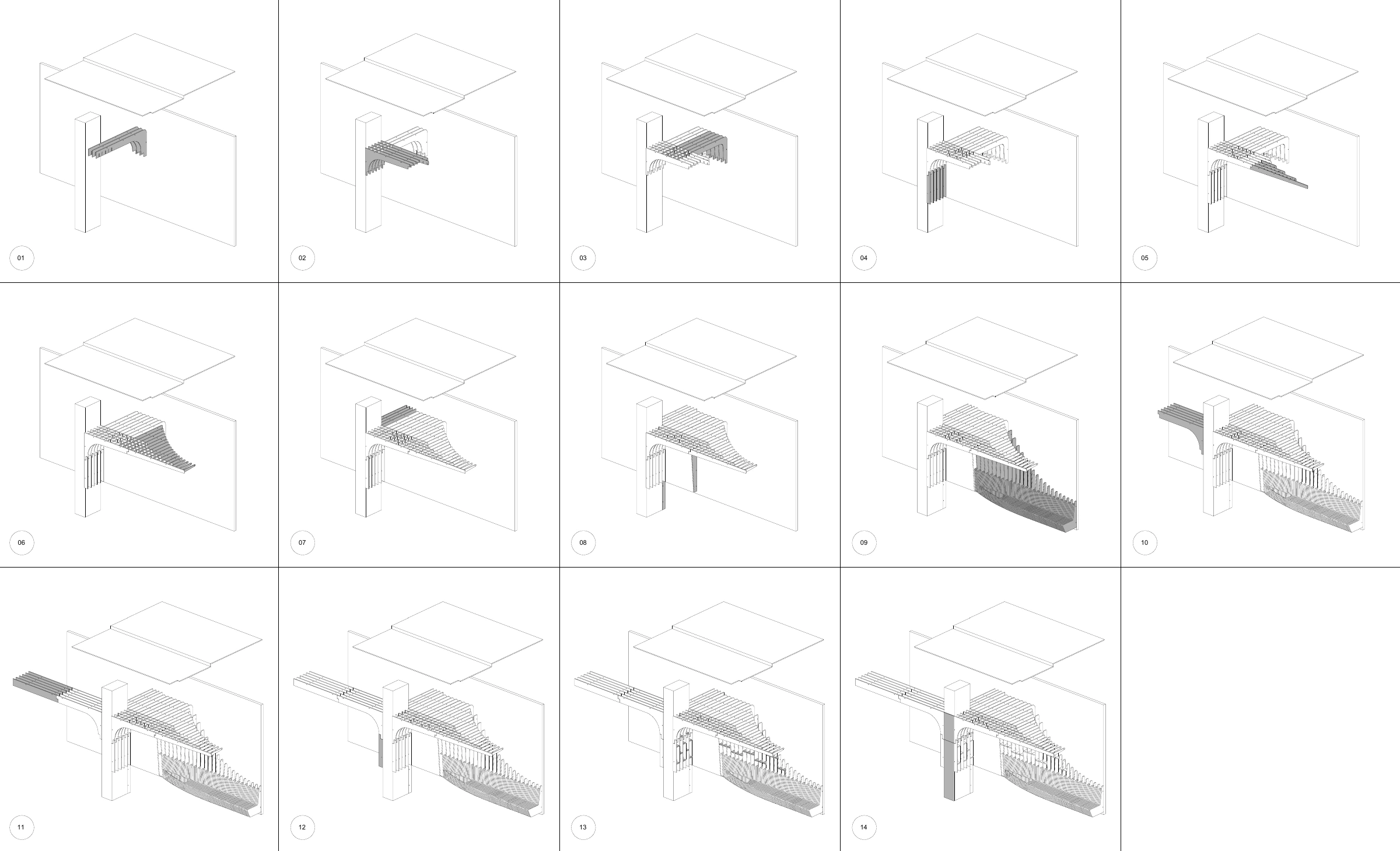 Fourteen numbered isometric frames showing the birch ribs of The Migrant Kitchen at 157 Columbus Avenue going up around a column, along the wall and under the ceiling.