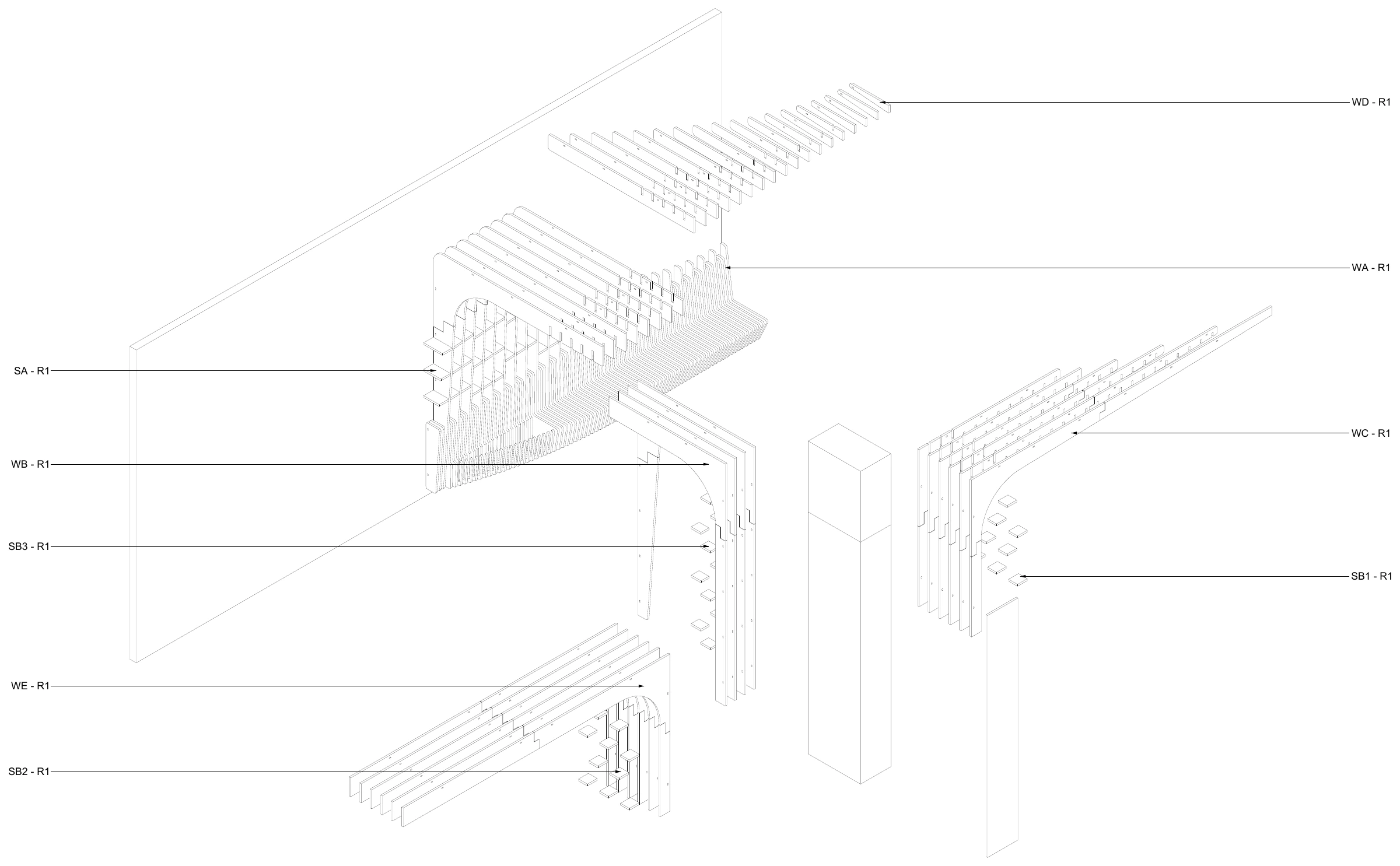 Exploded axonometric of the birch plywood millwork at The Migrant Kitchen, 157 Columbus Avenue: nine tagged groups of ribs and shelves drawn apart around a wall and a column.