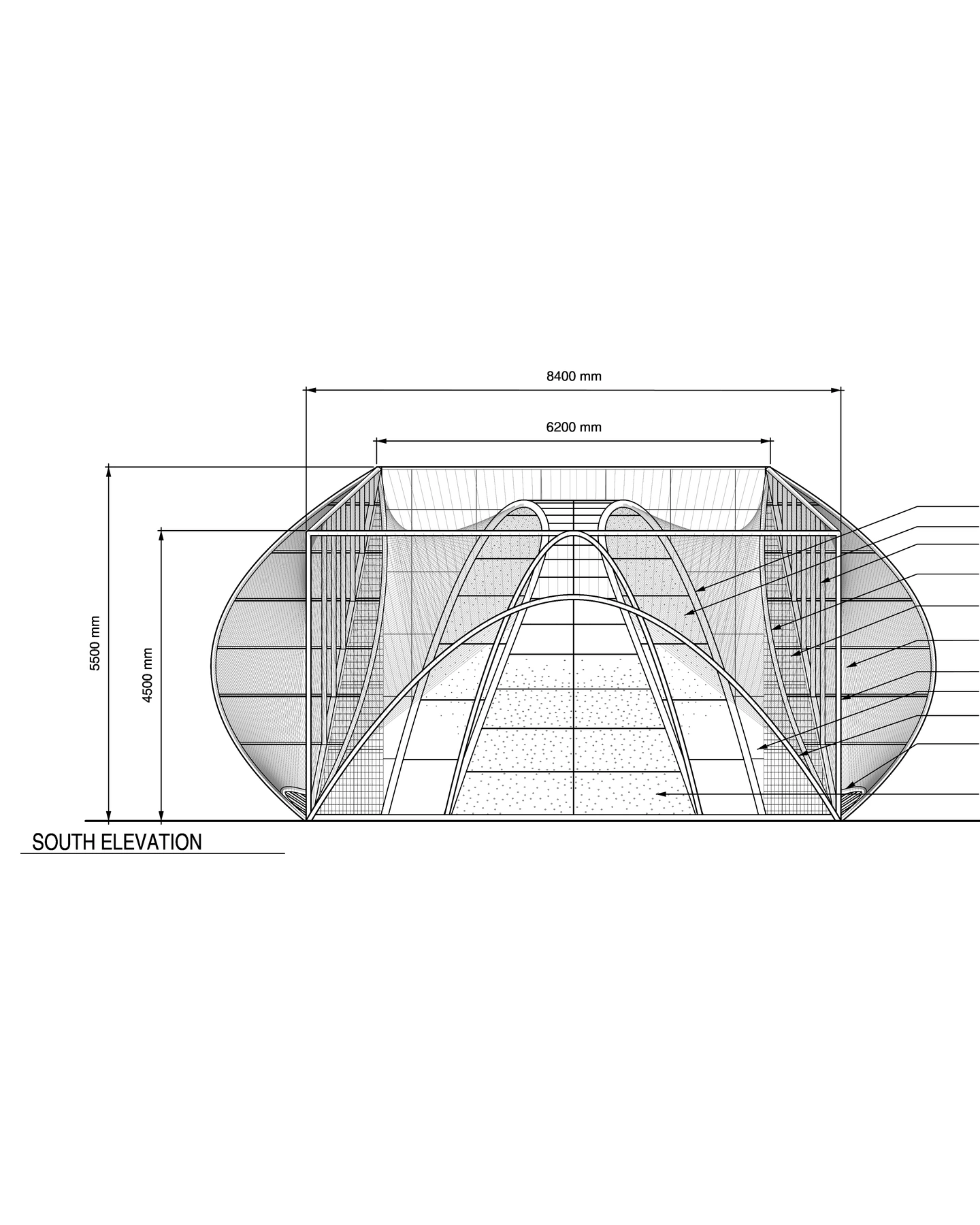 South elevation of the Audi Innovation Hub at 1 to 50: bent steel pipes, cable rope and frame columns, 8,400 mm wide and 5,500 mm high.