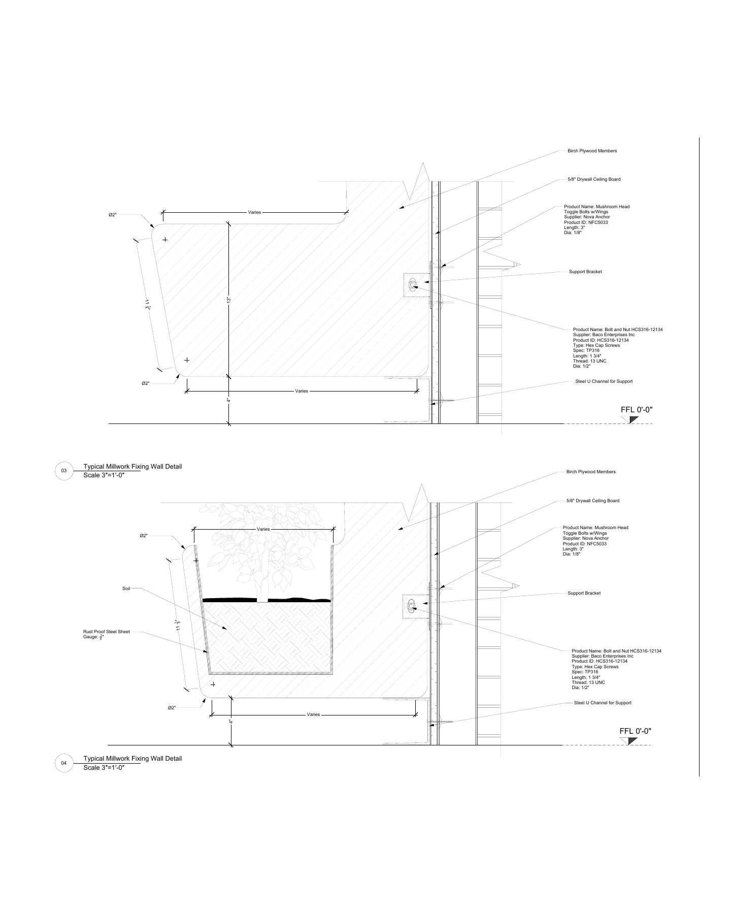 Two sections at 3 inches to the foot through a birch plywood rib fixed to the wall at The Migrant Kitchen, 157 Columbus Avenue: rounded 2 inch corners, a support bracket, toggle bolts, hex bolts and a steel channel; the second section has a planter set into the rib.