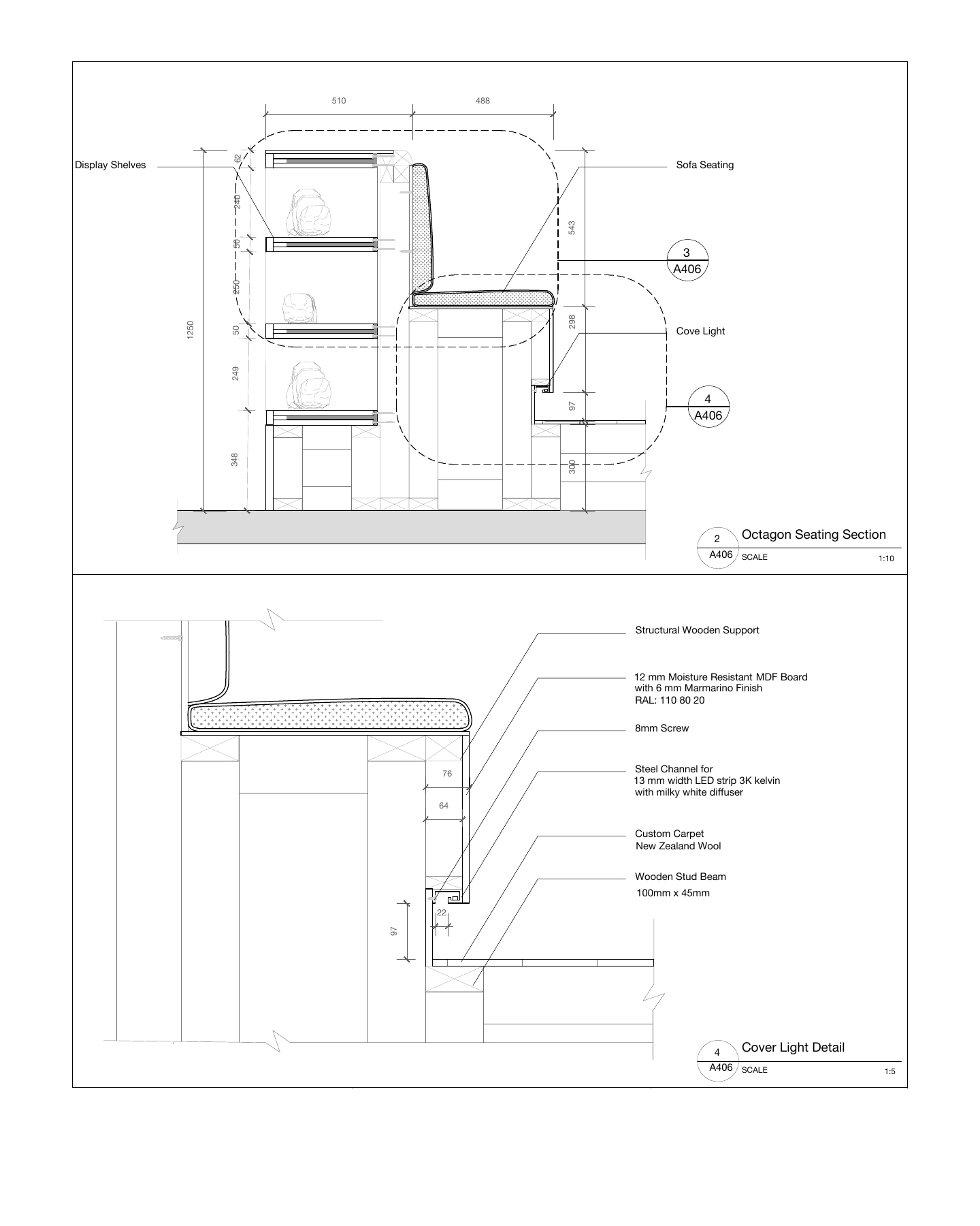 Two views from the Octagon Seating And Shelves Details sheet for Send Location: a section through the display shelves and the sofa seating at 1 to 10, and the detail of the cove light under the seat at 1 to 5, with dimensions and material notes.