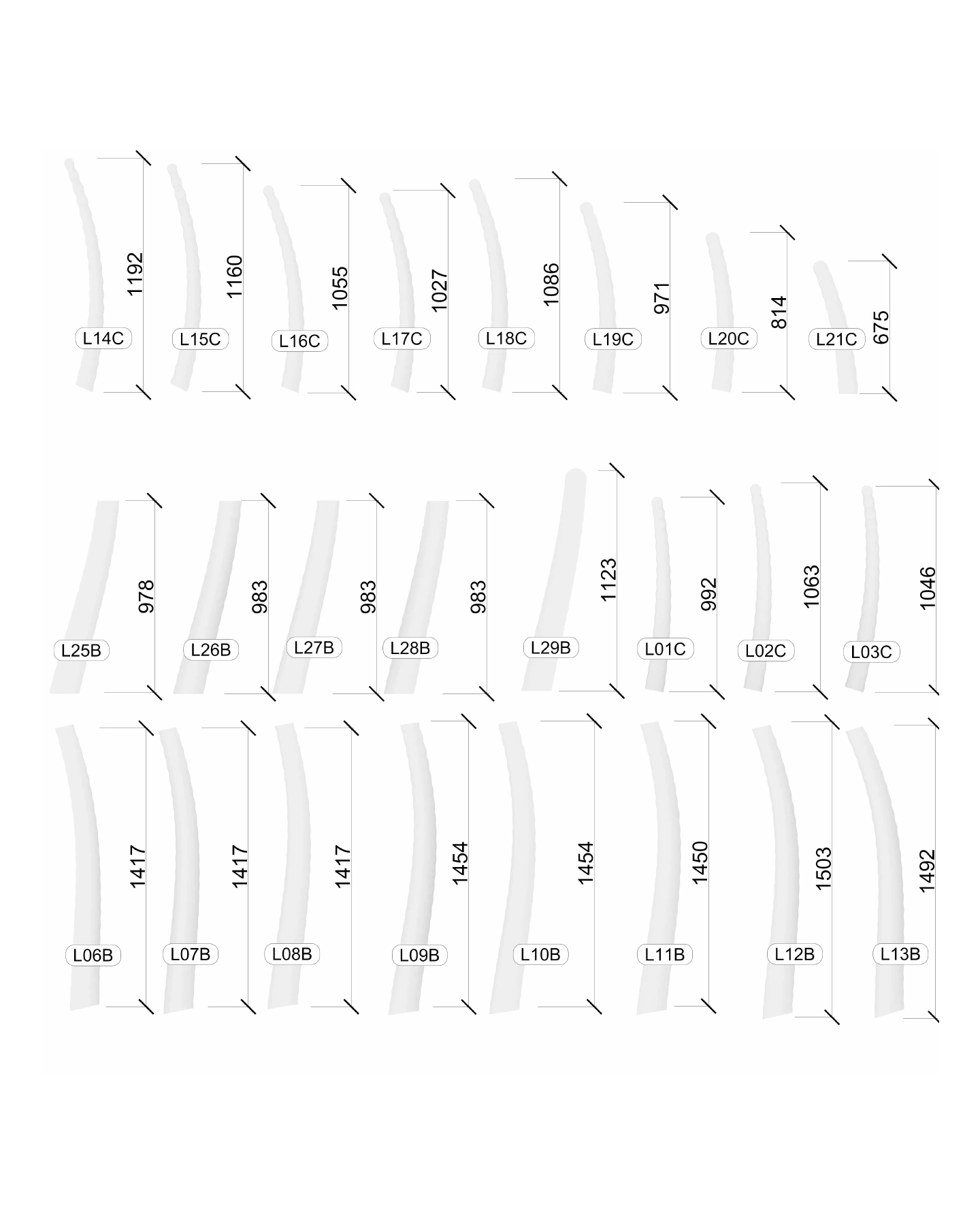 Fabrication sheet for the Deciduous pavilion at 1 to 25, titled L Polymers Side View: the 3D printed polymer parts drawn one by one in side view with their tags, and their lengths in millimeters from 675 to 1,503.