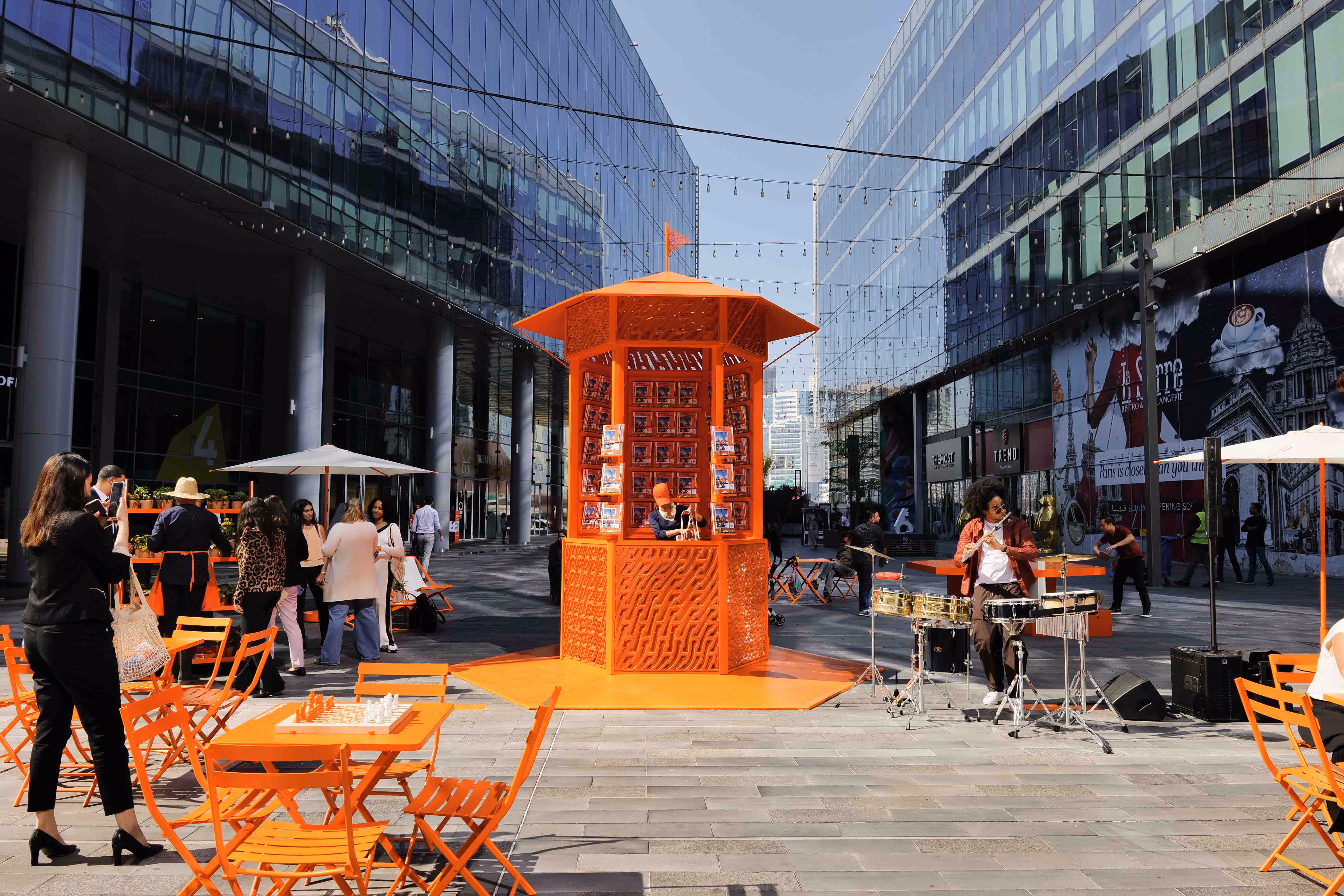 Layered reusable kiosk designed for Hermès as a communal retail setting in Dubai.