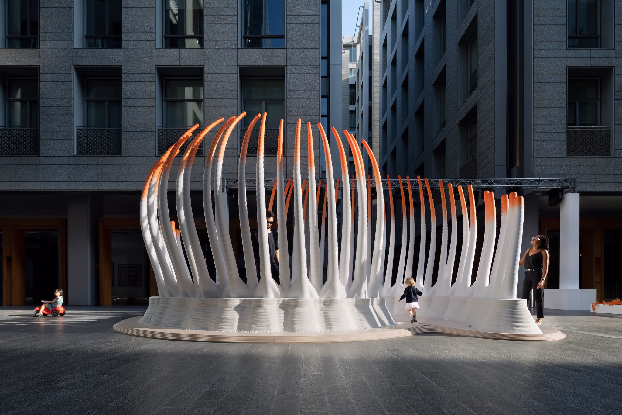 Branching Deciduous Pavilion at DIFC, built from printed concrete, recycled polymer and birch plywood.