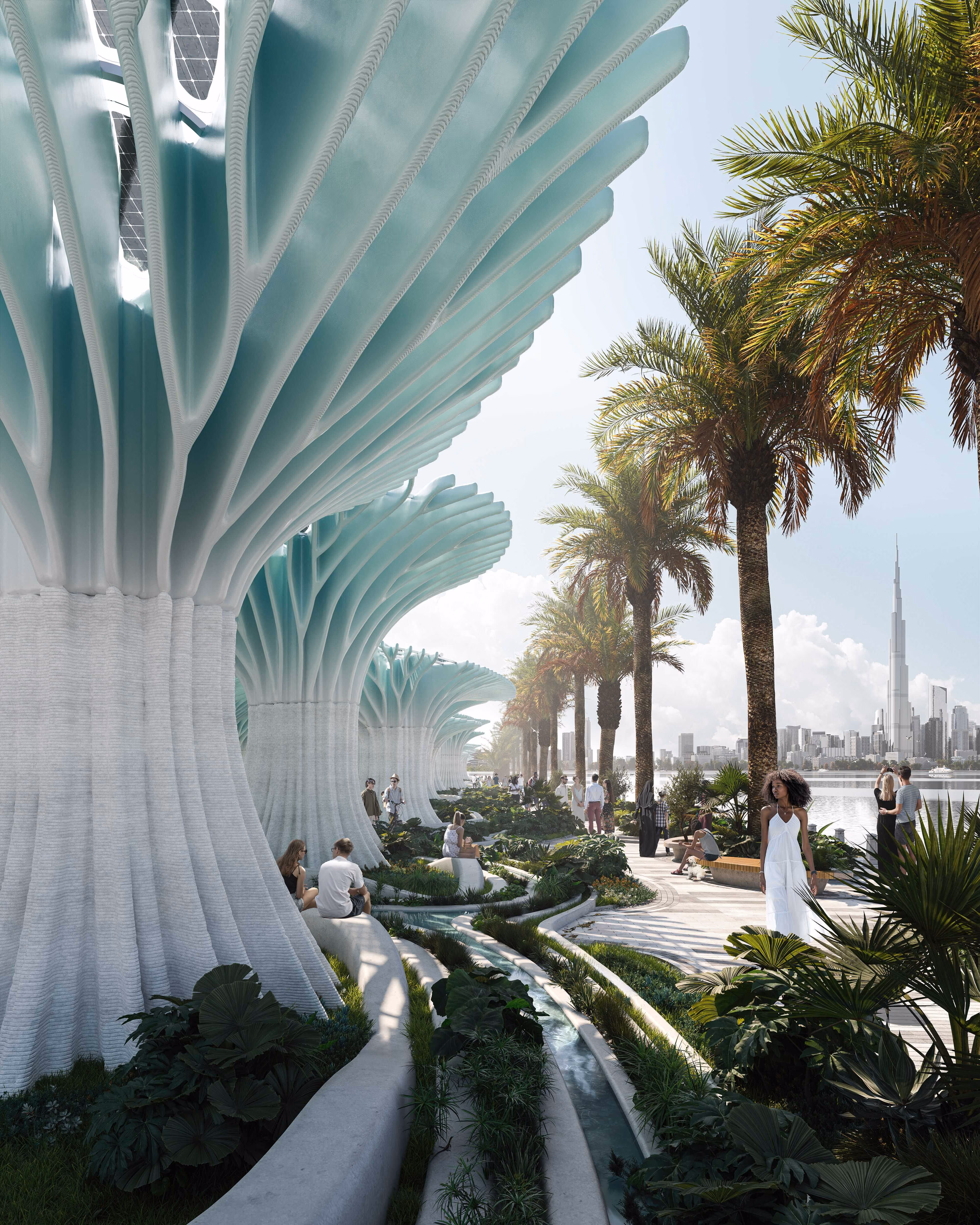 Tree-like Lamella shading structures forming a shaded pedestrian landscape for NEOM.