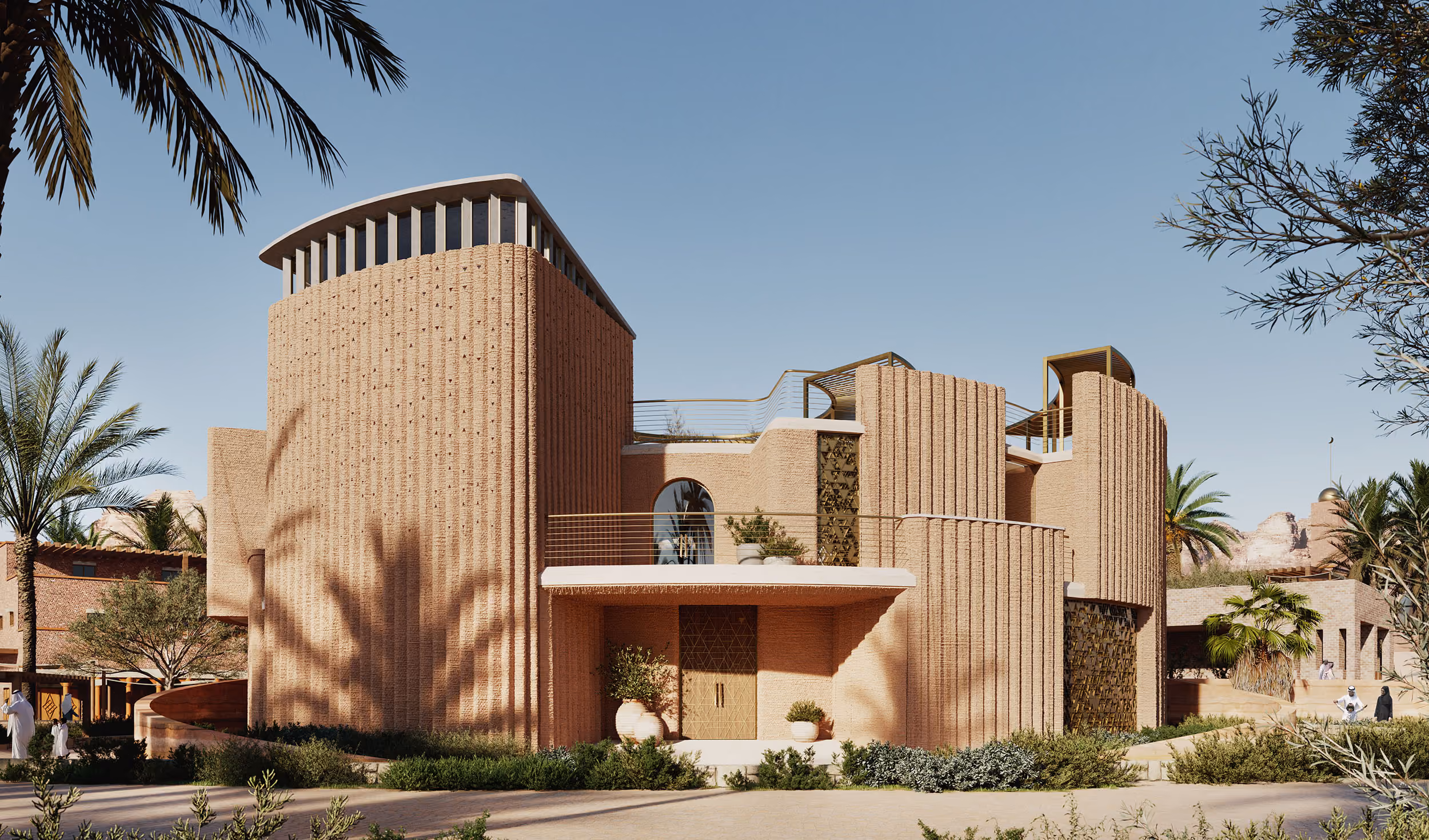 Circular courtyard house with arched lattice screens in AlUla.