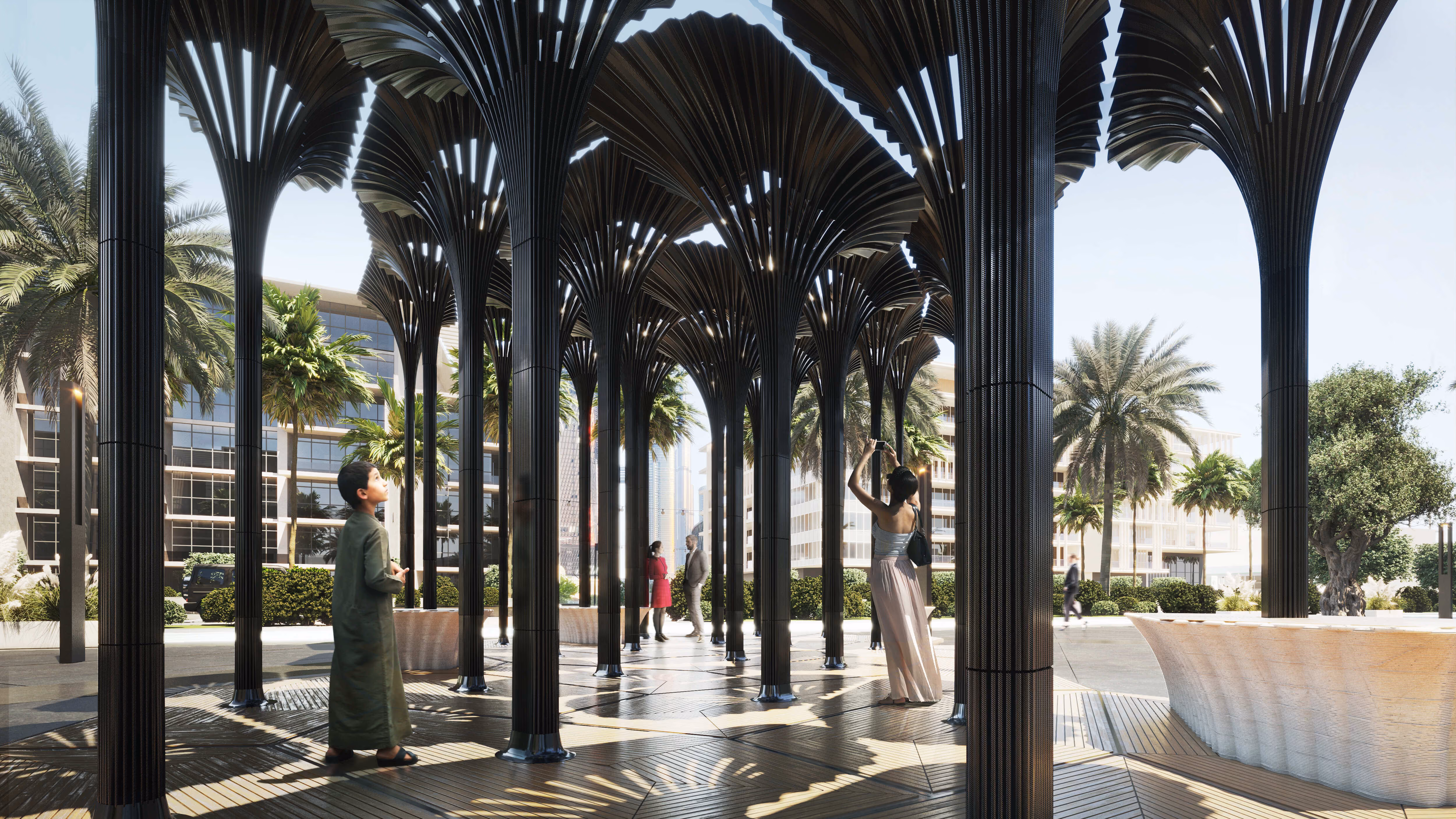 Slender carbon-fibre shade canopies above integrated public seating.