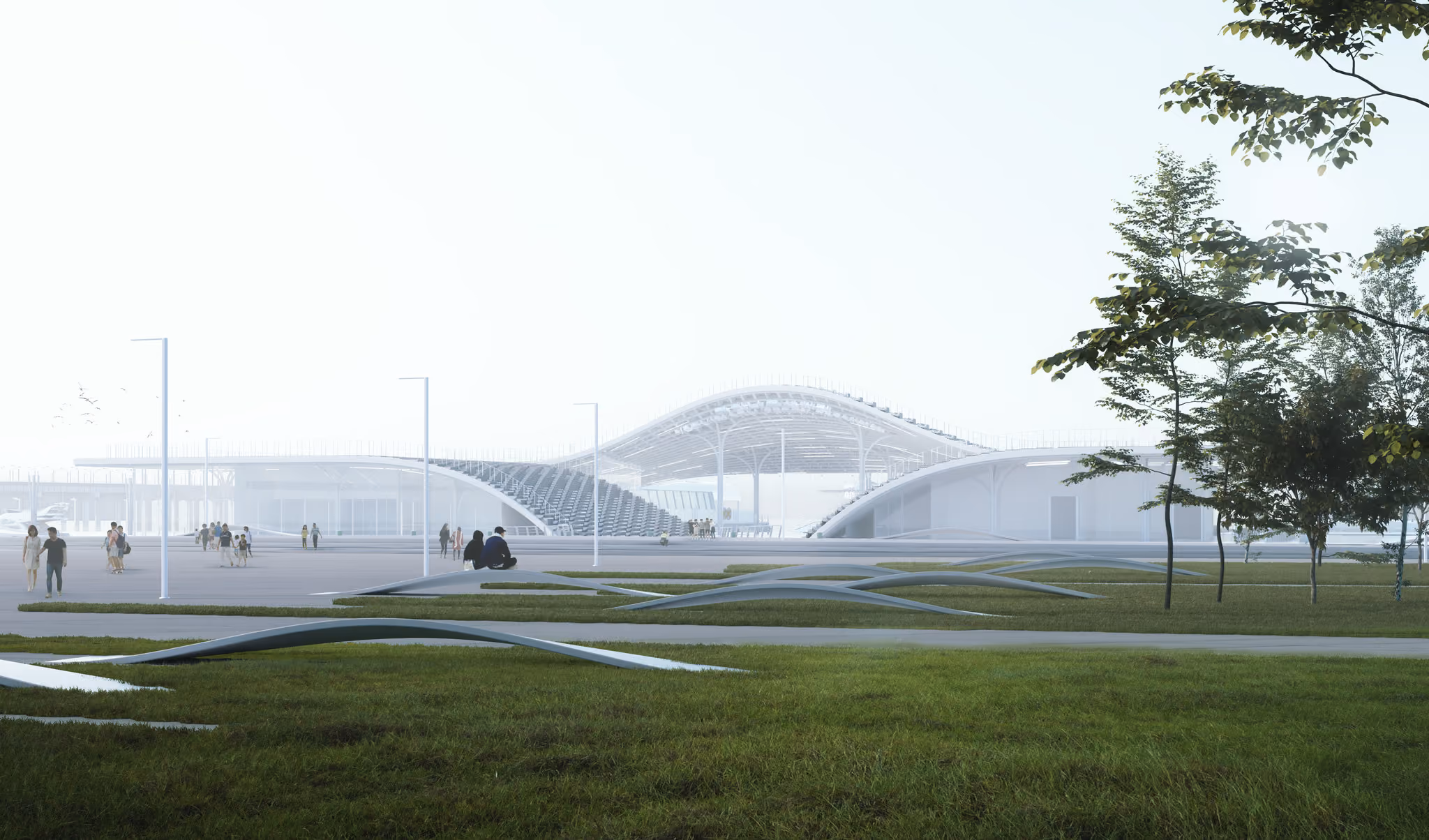 Woven roof canopy and ferry terminal on the Han River in Seoul.