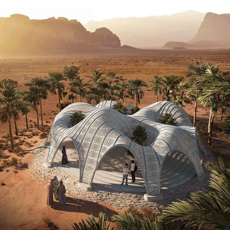 Desert Pavilion proposal among palms in the Wadi Rum desert, Jordan.