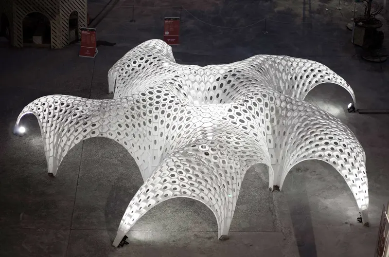 Shell Star pavilion seen from above at night in Hong Kong.