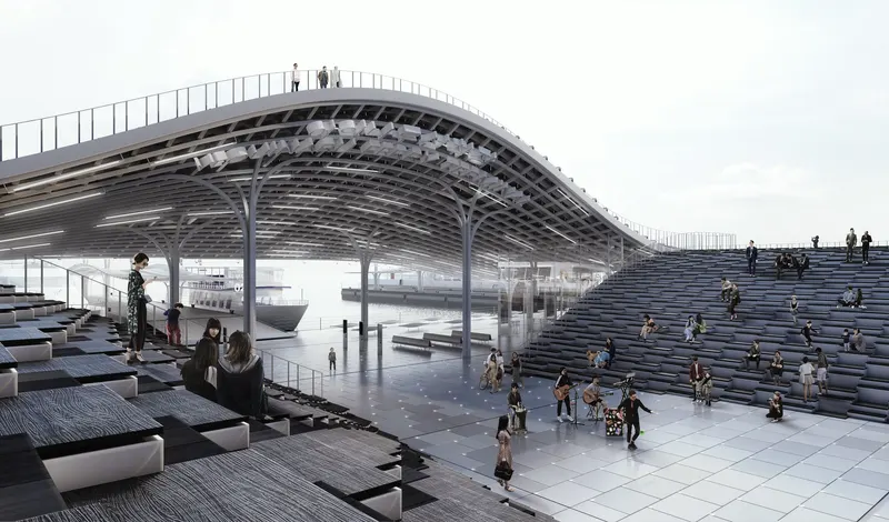 Stepped public roof of the Yeoui-Naru Ferry Terminal proposal on the Han River, Seoul.