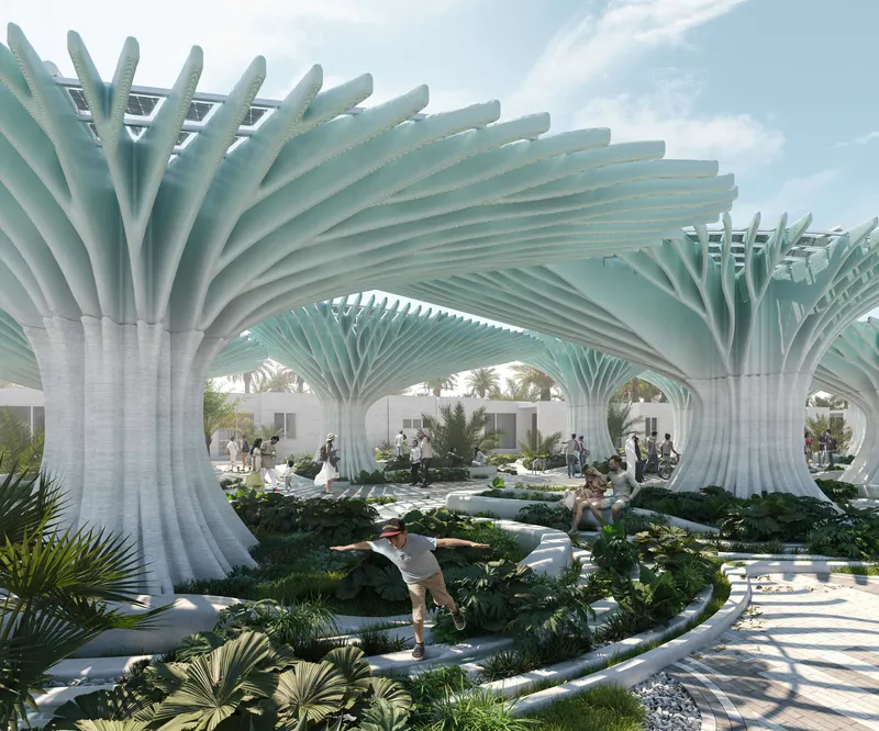 Tree-like Lamella shading structures over a shaded landscape, proposed for NEOM.
