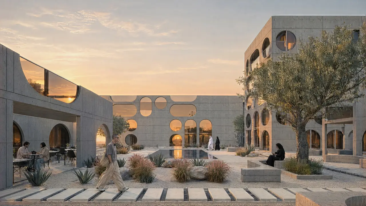 Visualisation of the proposed members' club in Dubai: interconnected buildings around a central pool and a shared rooftop landscape.