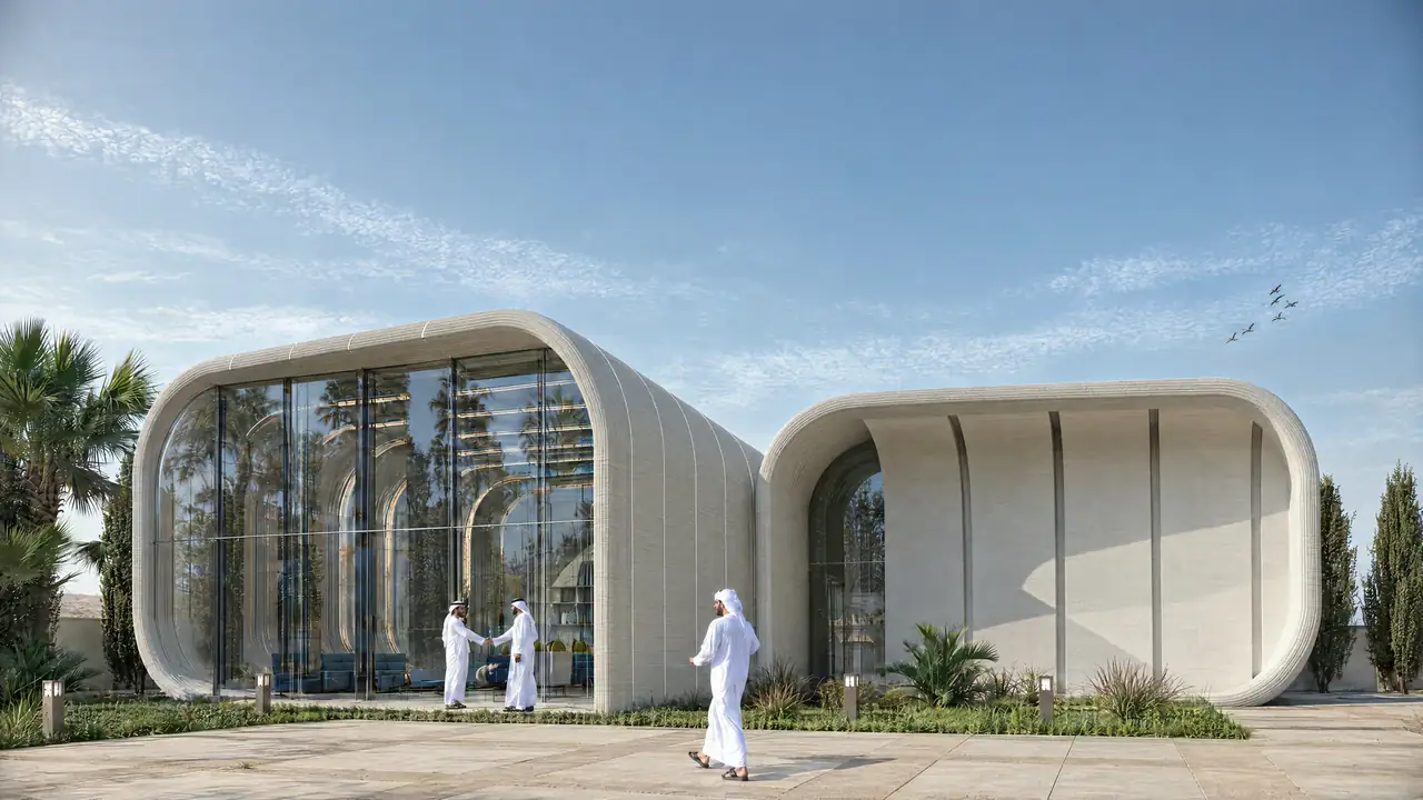 Contemporary majlis proposal with fluid printed walls, integrated seating and a roof skylight.