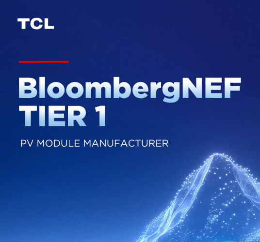 Text reading BloombergNEF Tier 1 PV module manufacturer with TCL logo on blue background.