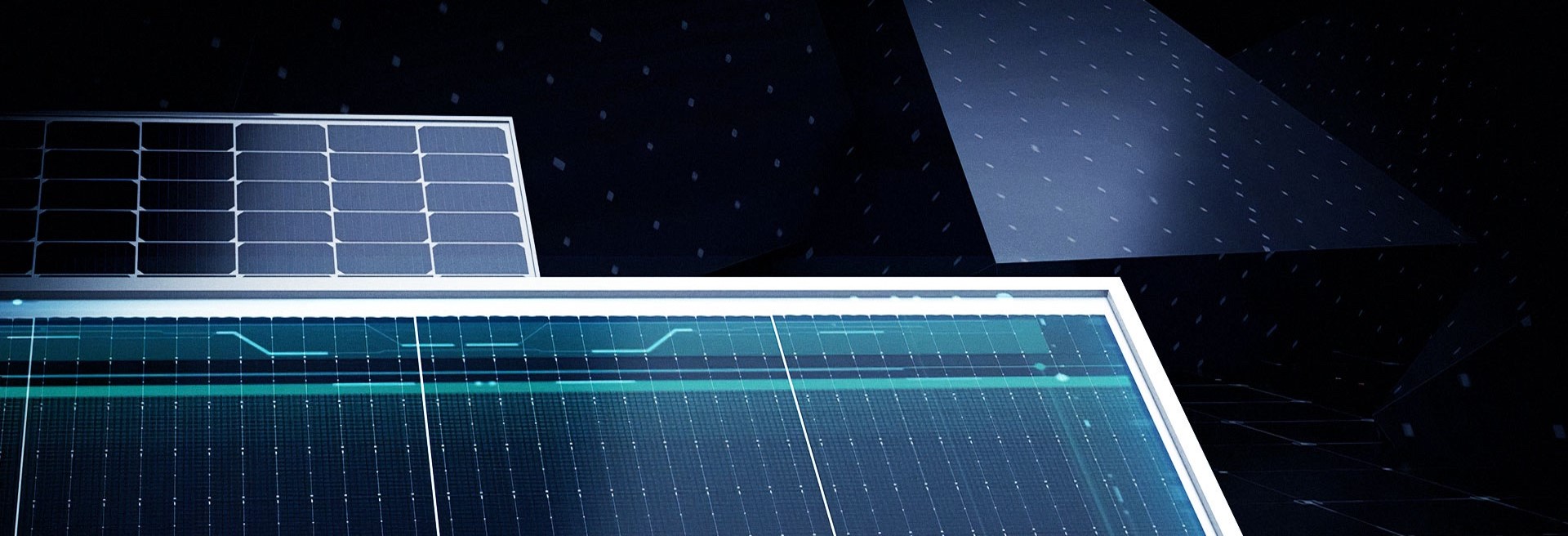 Close-up of solar panels lit against a dark, starry, futuristic background.